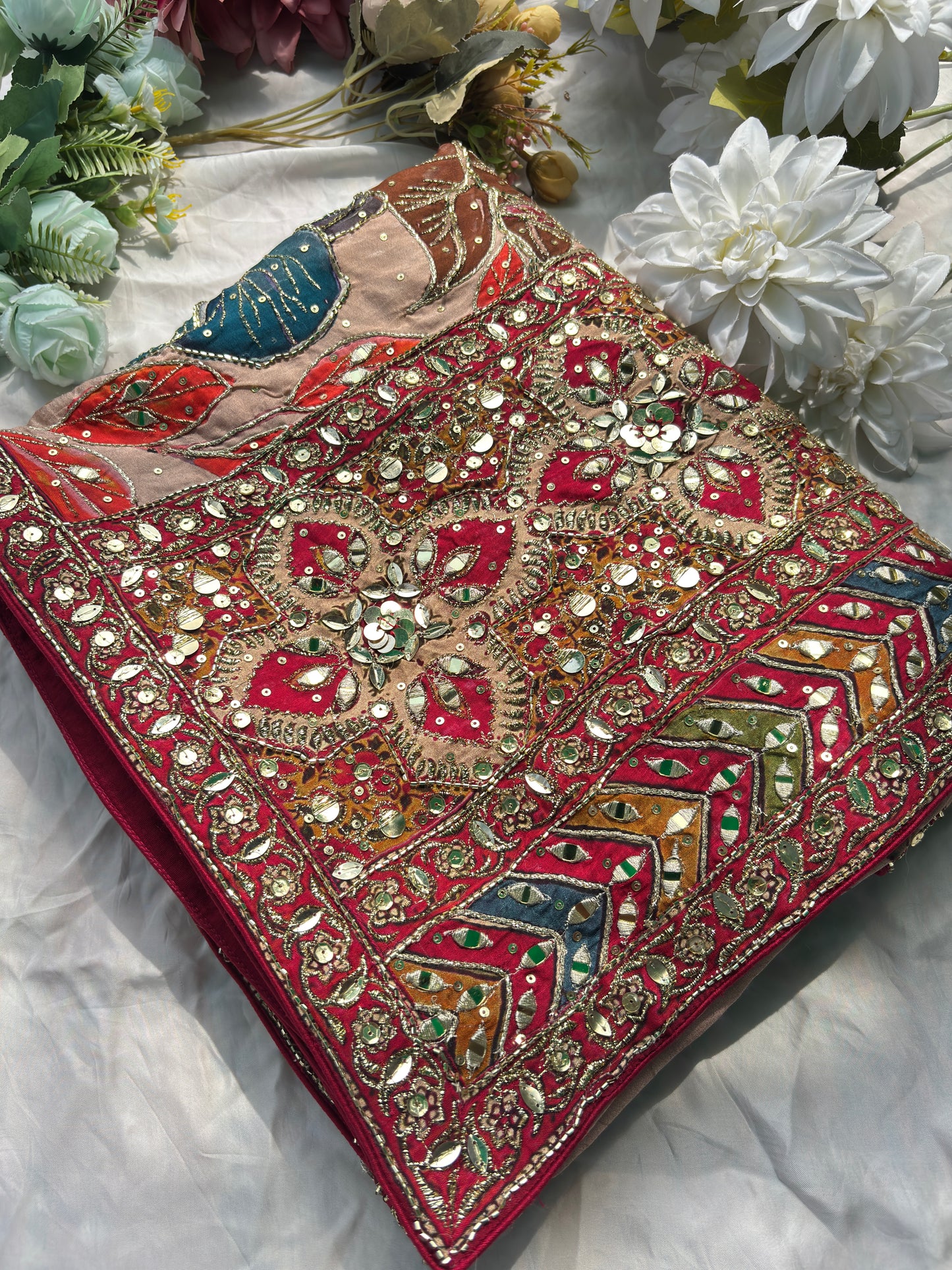 Designer Saree with Floral Print & Heavy Mirror Work Blouse