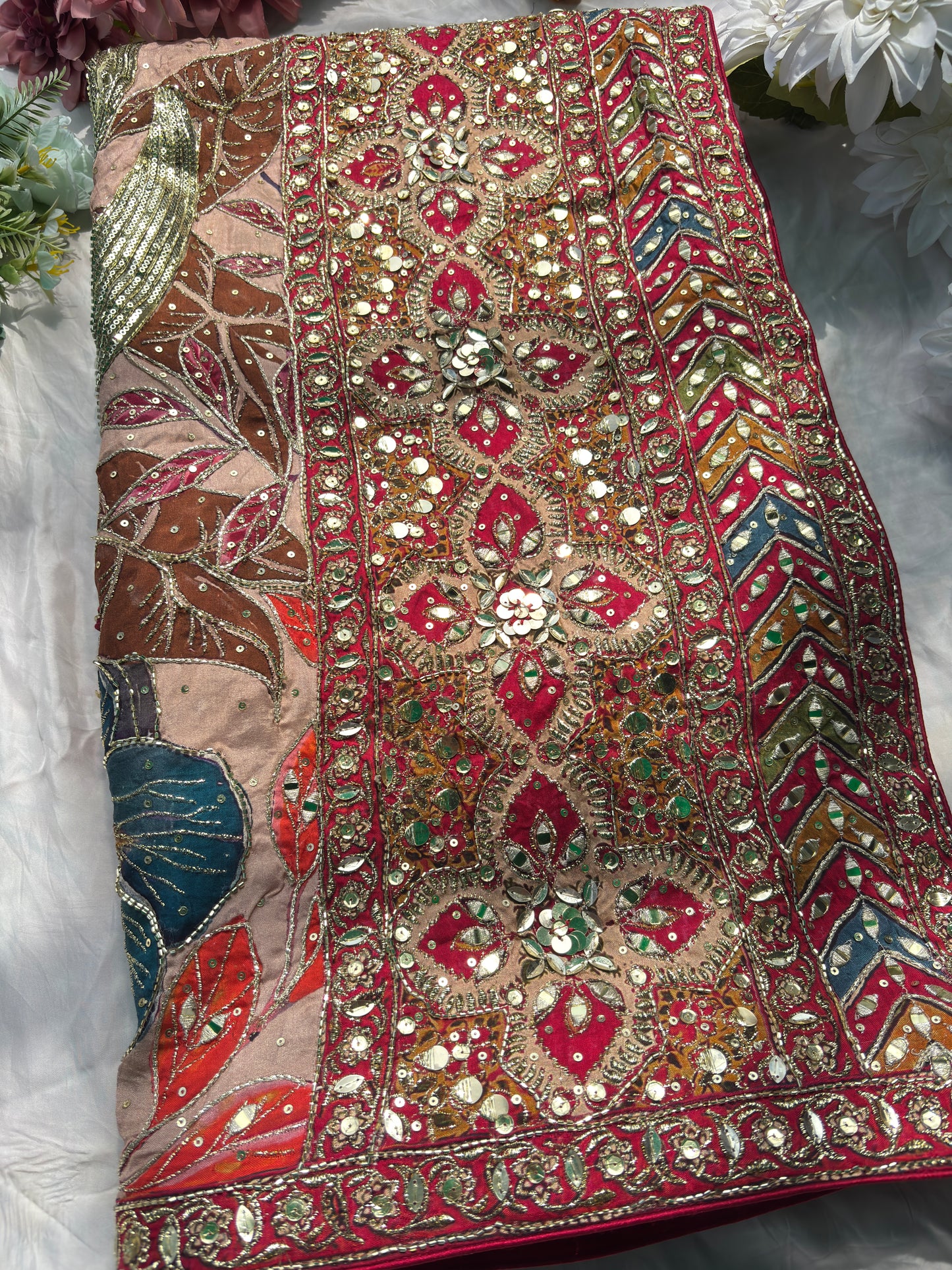 Designer Saree with Floral Print & Heavy Mirror Work Blouse