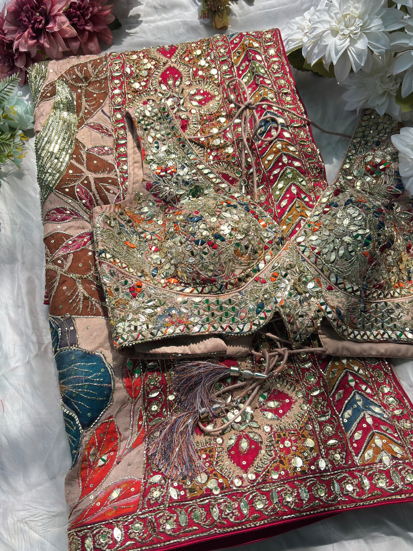 Designer Saree with Floral Print & Heavy Mirror Work Blouse