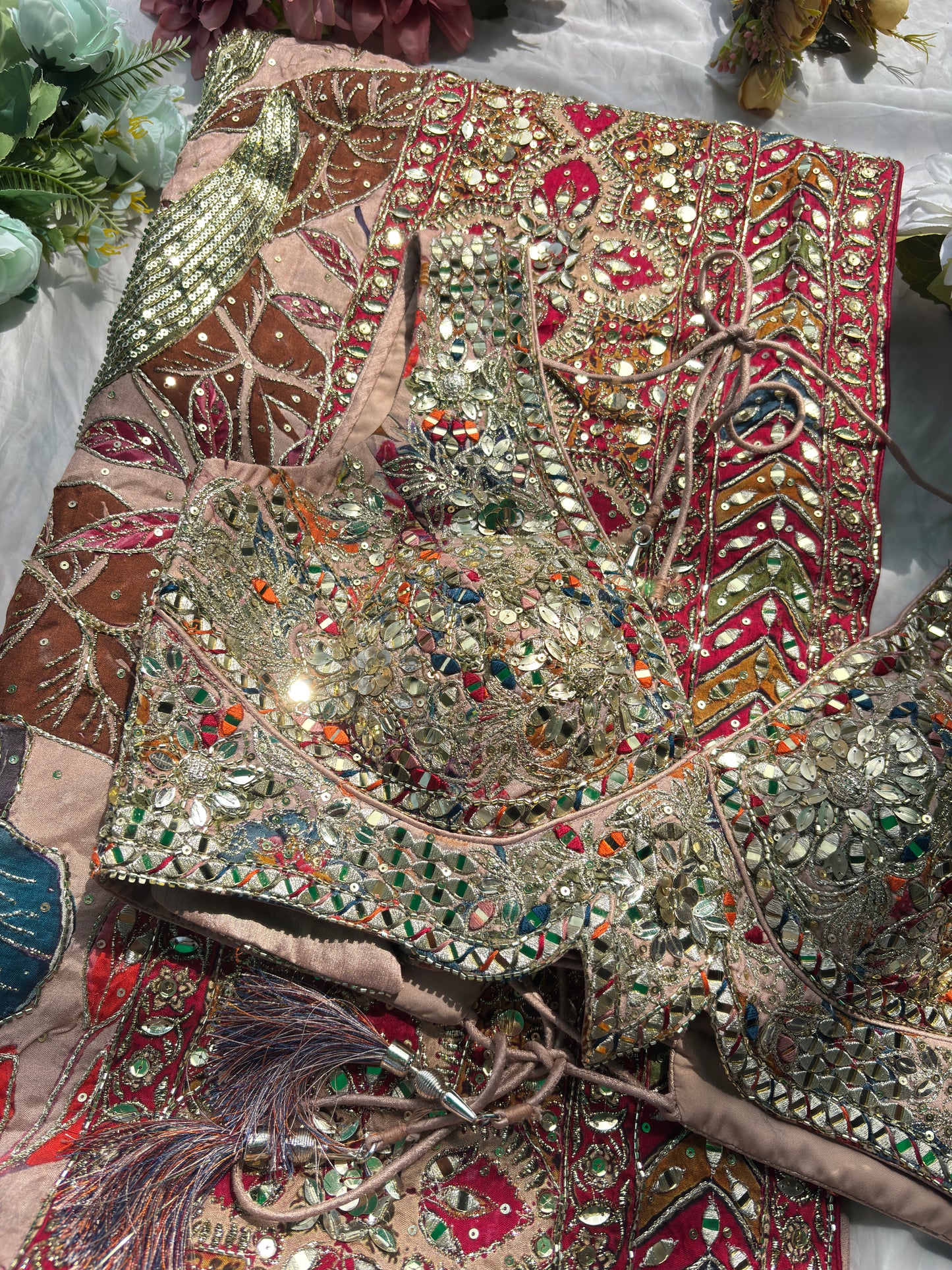 Designer Saree with Floral Print & Heavy Mirror Work Blouse