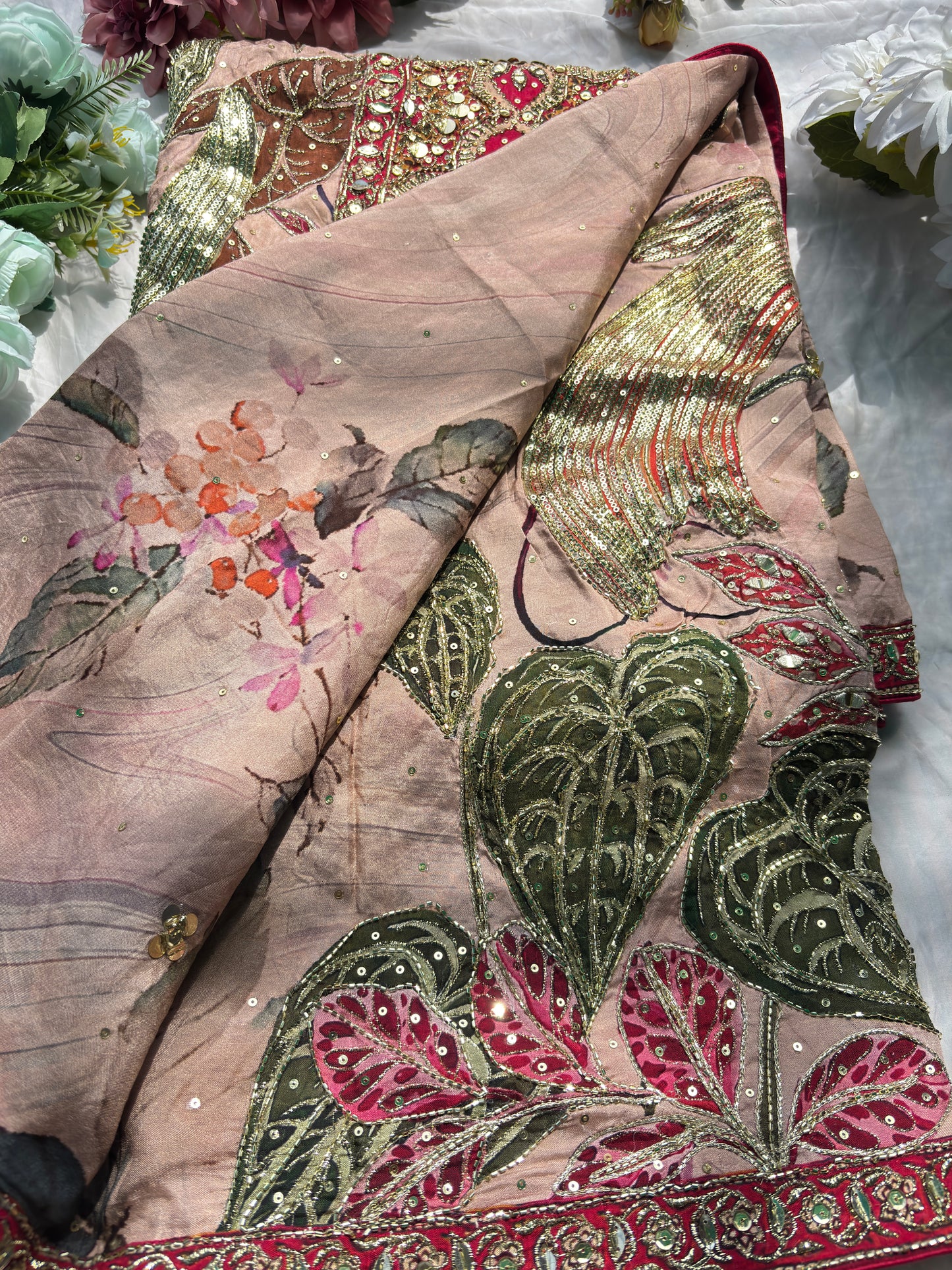 Designer Saree with Floral Print & Heavy Mirror Work Blouse