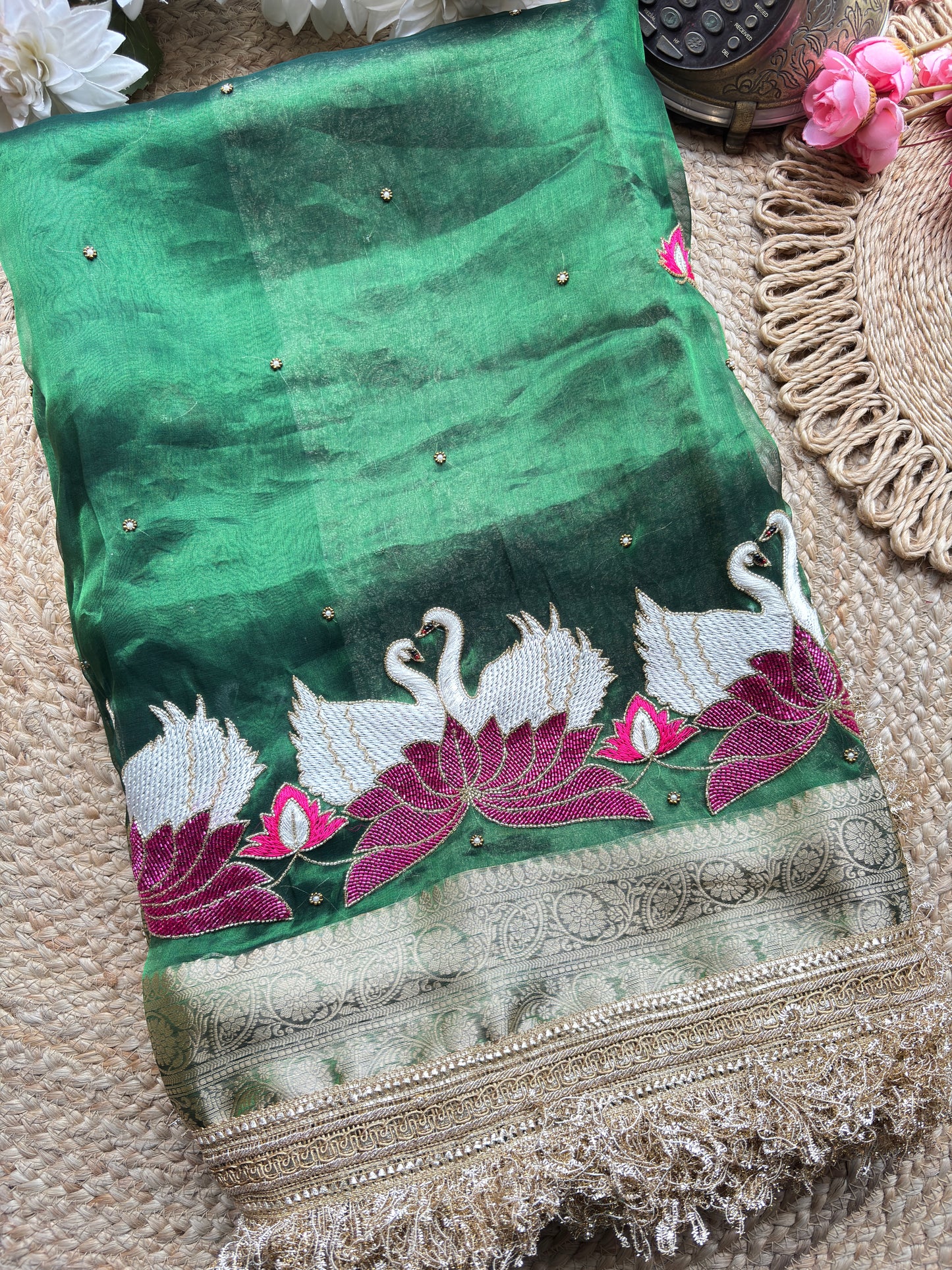 Rajhansani Green Designer Saree with Lotus Embroidery Golden Border