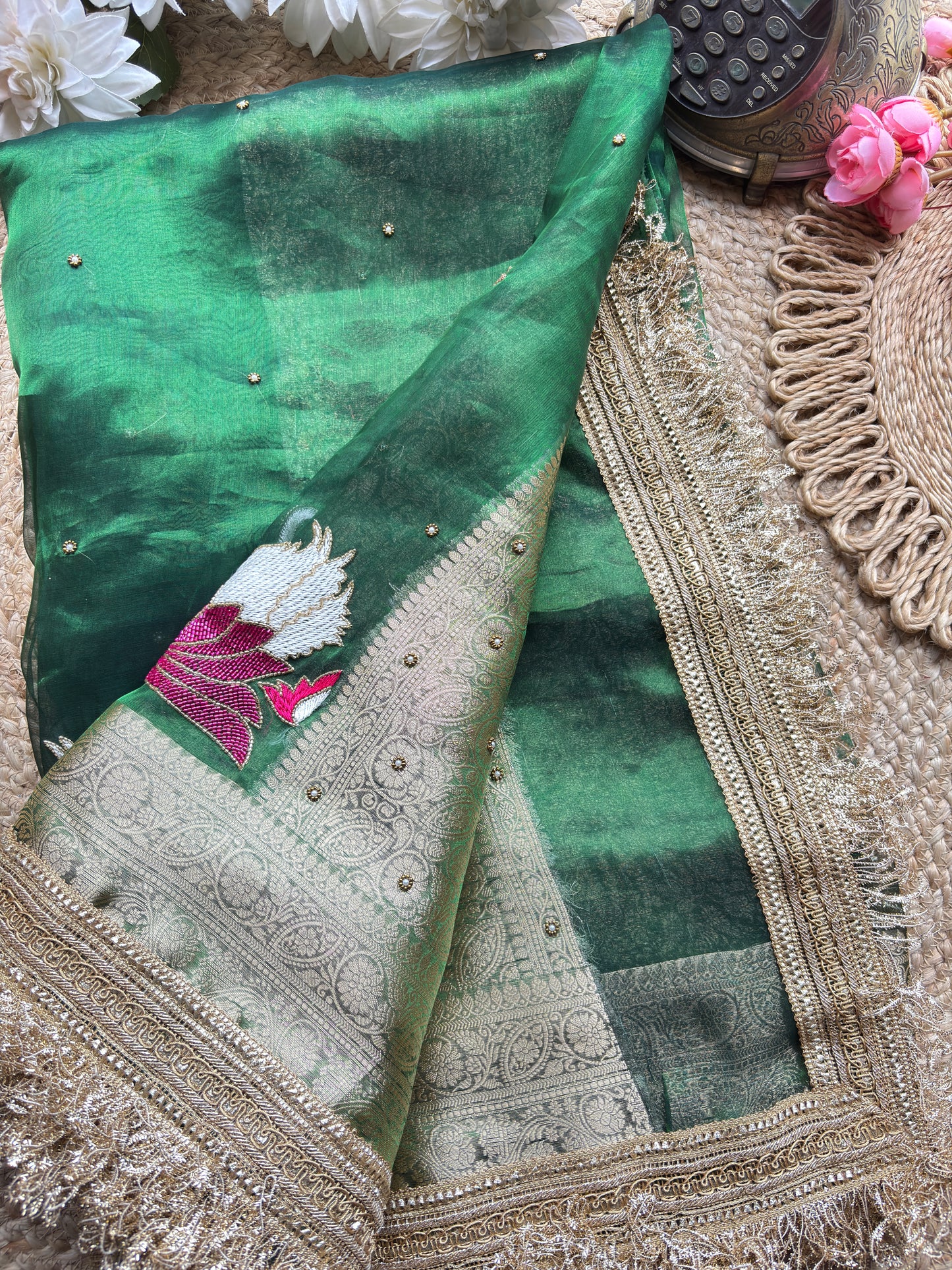 Rajhansani Green Designer Saree with Lotus Embroidery Golden Border
