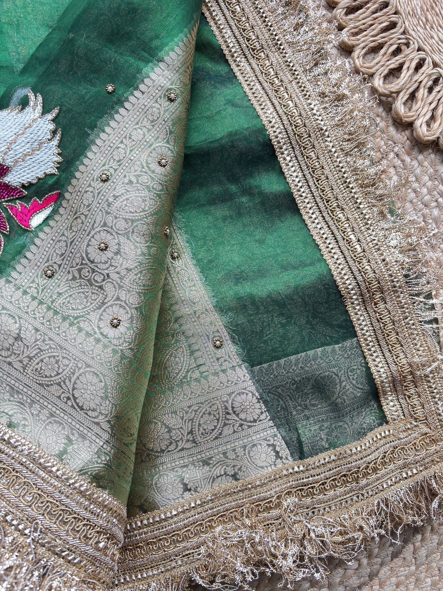Rajhansani Green Designer Saree with Lotus Embroidery Golden Border