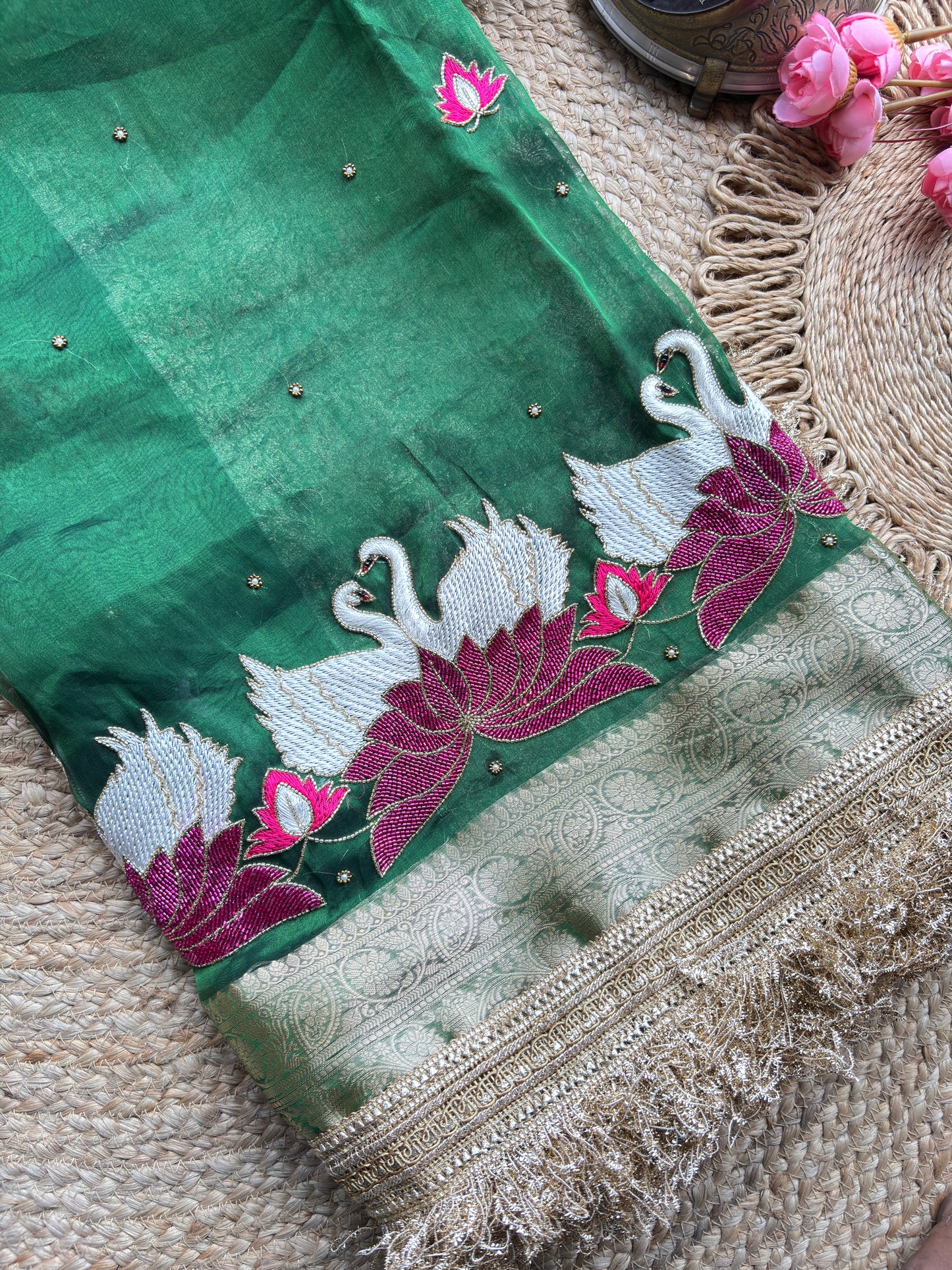 Rajhansani Green Designer Saree with Lotus Embroidery Golden Border