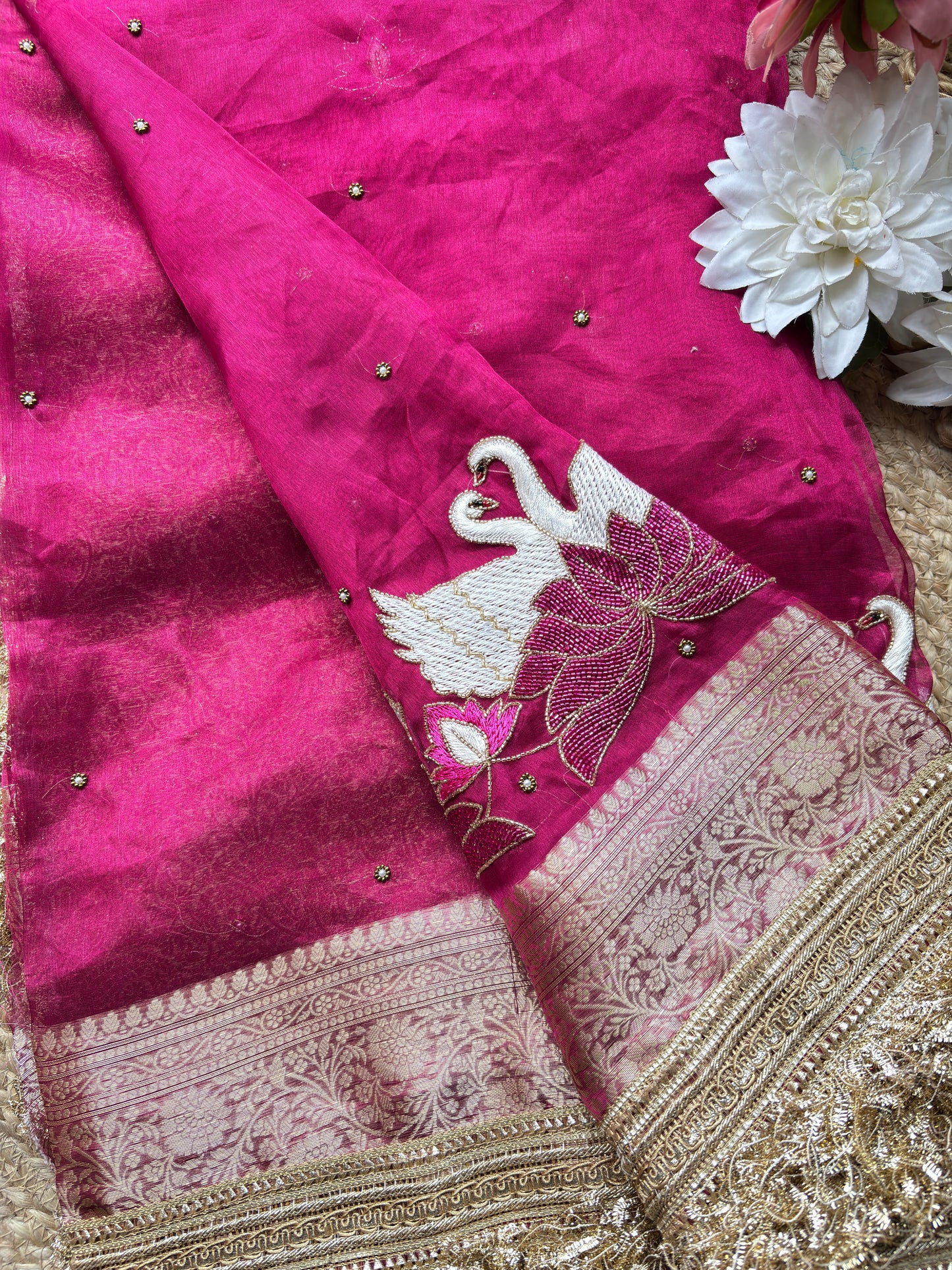 Rajhansani Rani Designer Saree with Lotus Embroidery Golden Border