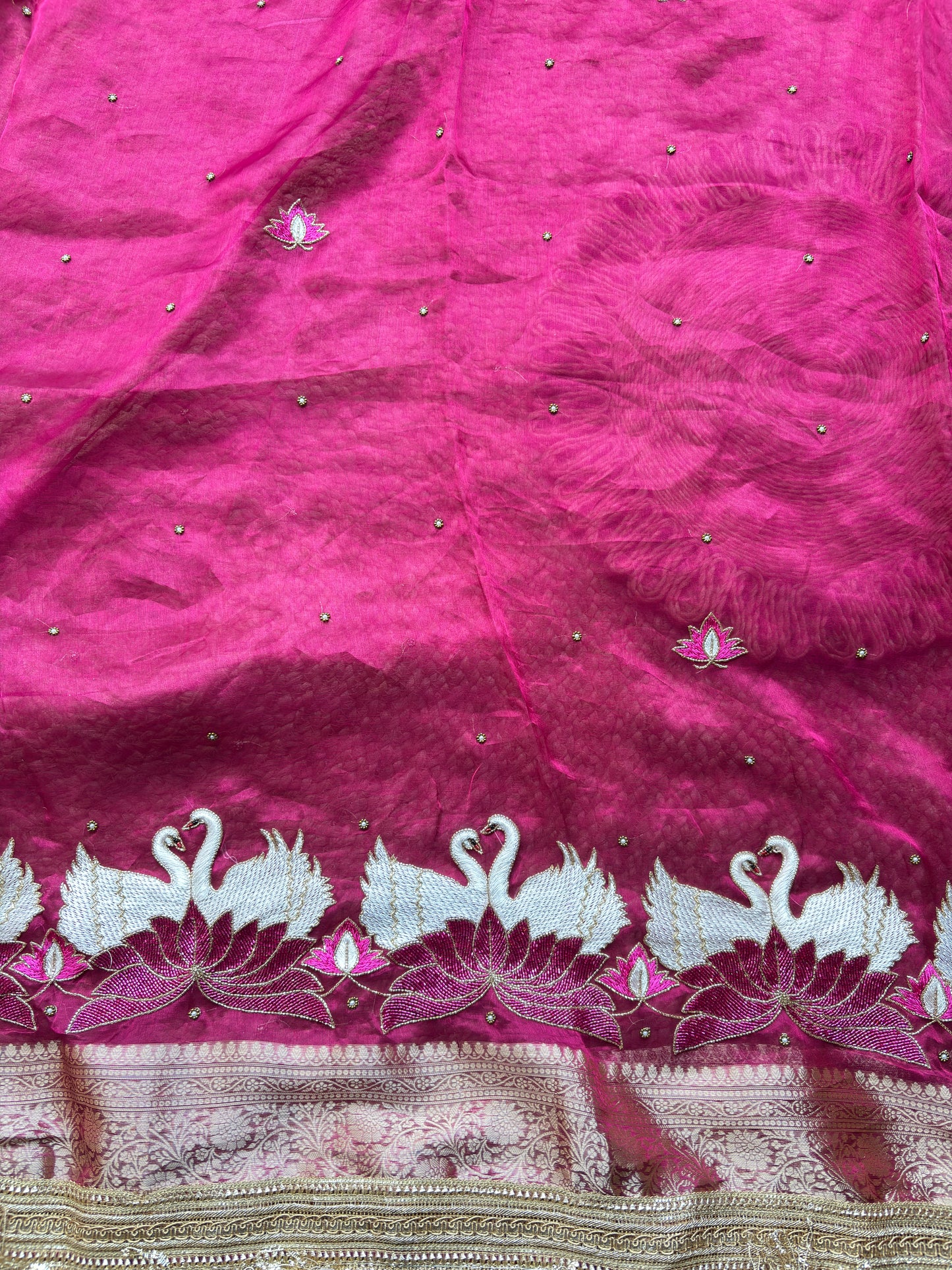 Rajhansani Rani Designer Saree with Lotus Embroidery Golden Border
