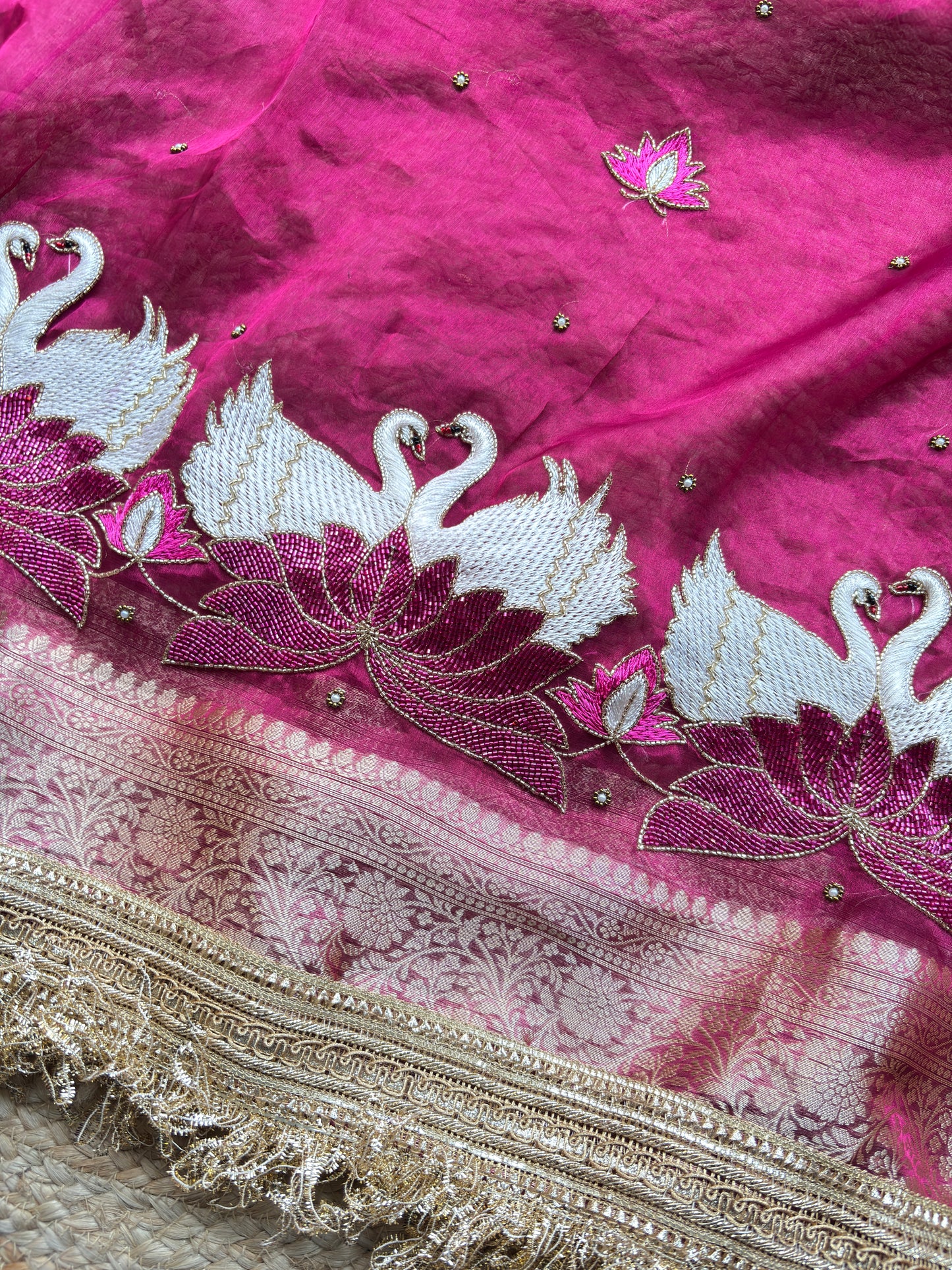 Rajhansani Rani Designer Saree with Lotus Embroidery Golden Border