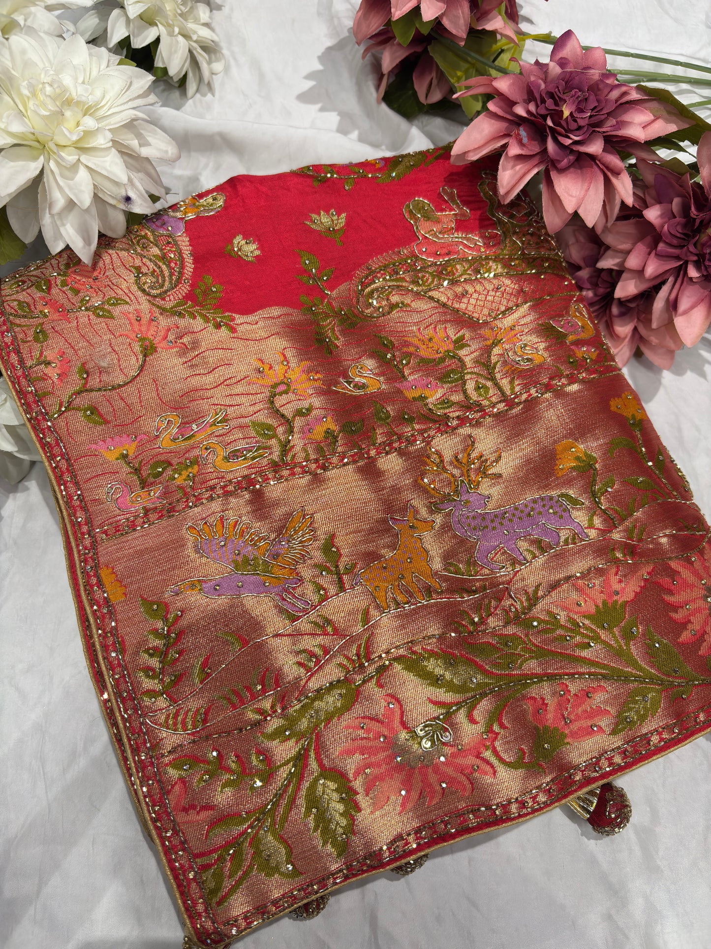 Red Banarasi Style Saree with Traditional Motifs & Zari Weaving