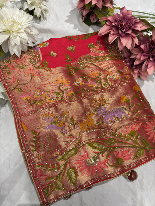 Red Banarasi Style Saree with Traditional Motifs & Zari Weaving