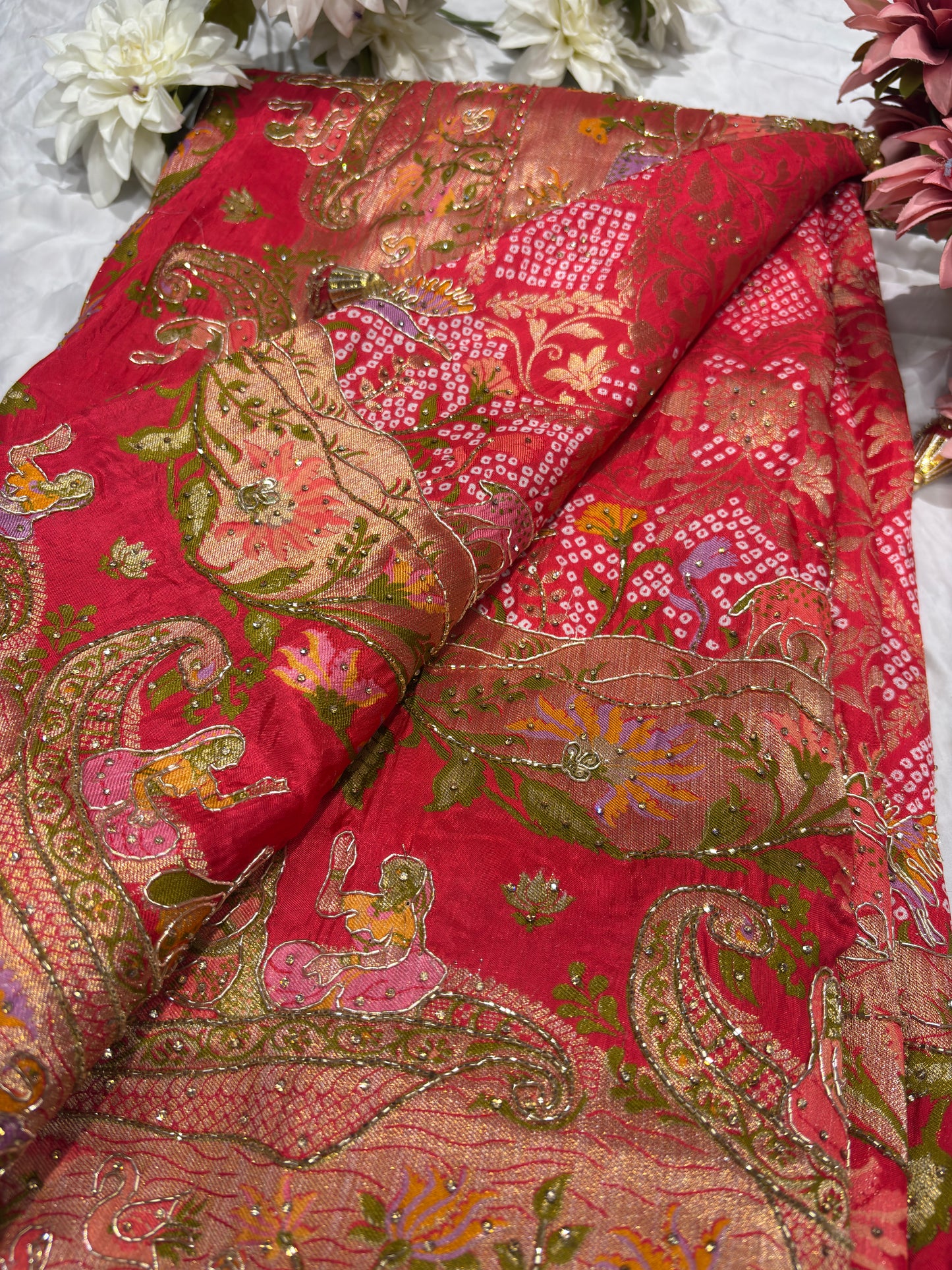 Red Banarasi Style Saree with Traditional Motifs & Zari Weaving