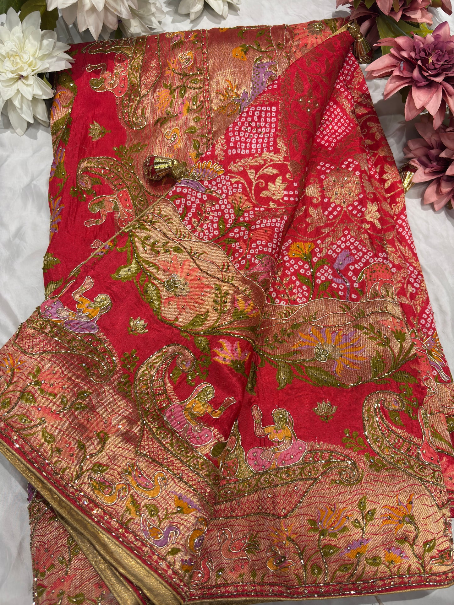 Red Banarasi Style Saree with Traditional Motifs & Zari Weaving