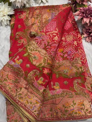 Red Banarasi Style Saree with Traditional Motifs & Zari Weaving