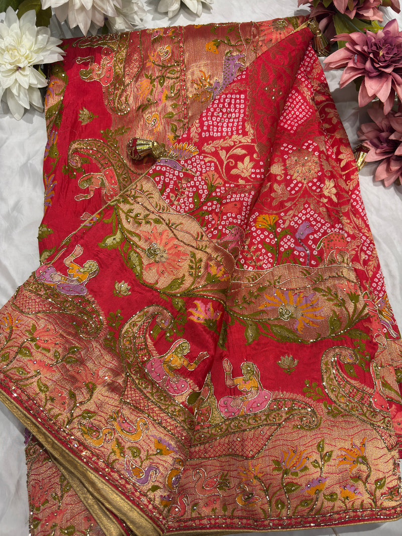 Red Banarasi Style Saree with Traditional Motifs & Zari Weaving