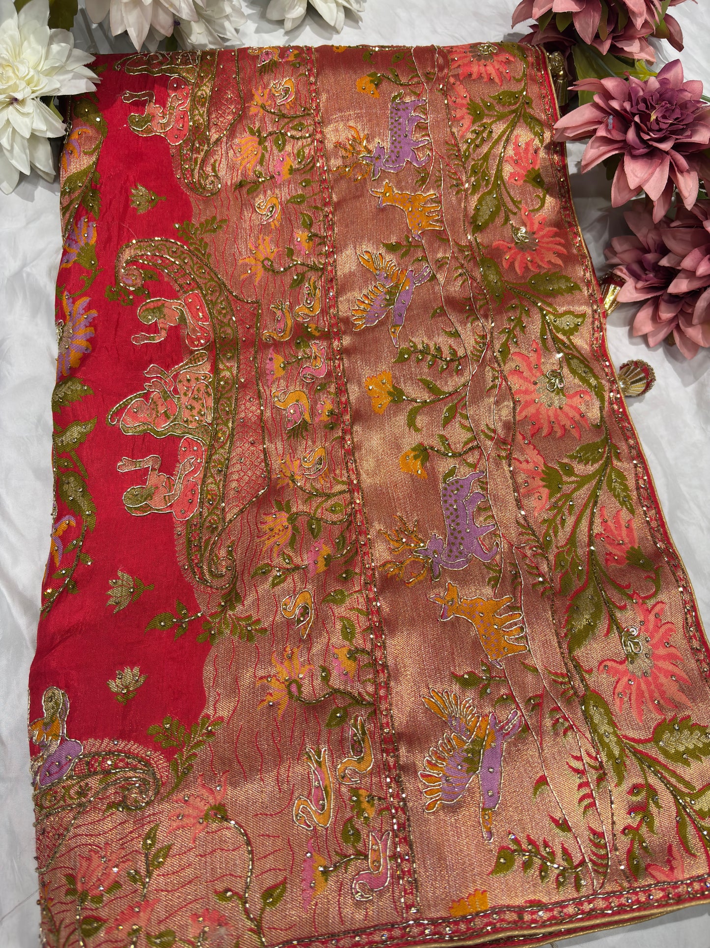 Red Banarasi Style Saree with Traditional Motifs & Zari Weaving