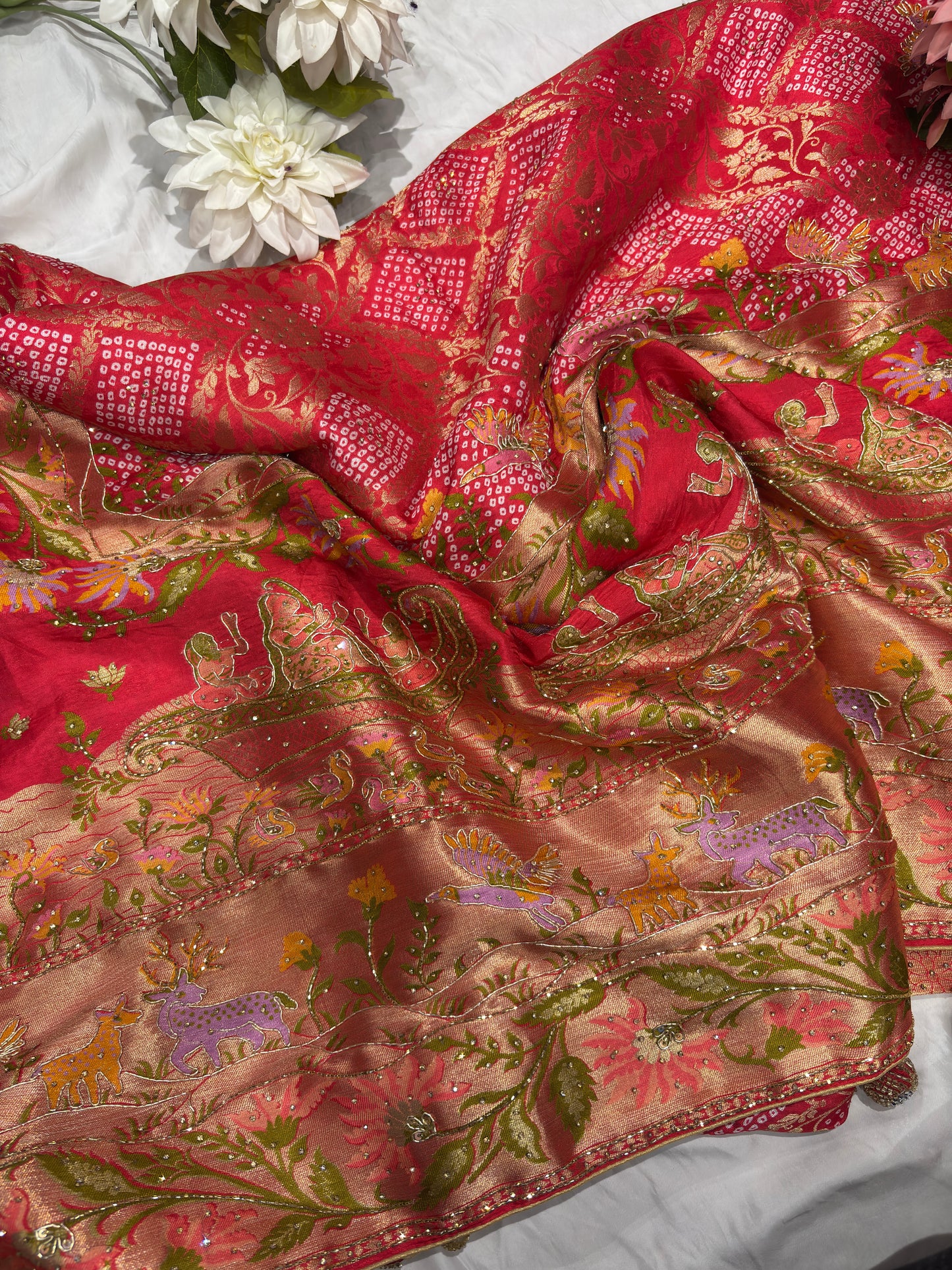 Red Banarasi Style Saree with Traditional Motifs & Zari Weaving