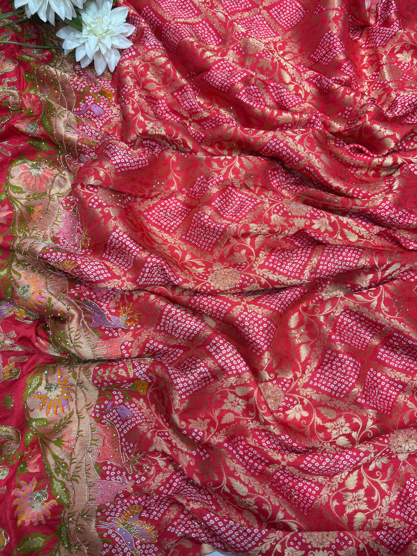Red Banarasi Style Saree with Traditional Motifs & Zari Weaving