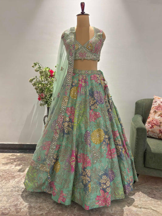 Carnival Green Colour Lehenga with Zari, Sequins & Miror Work