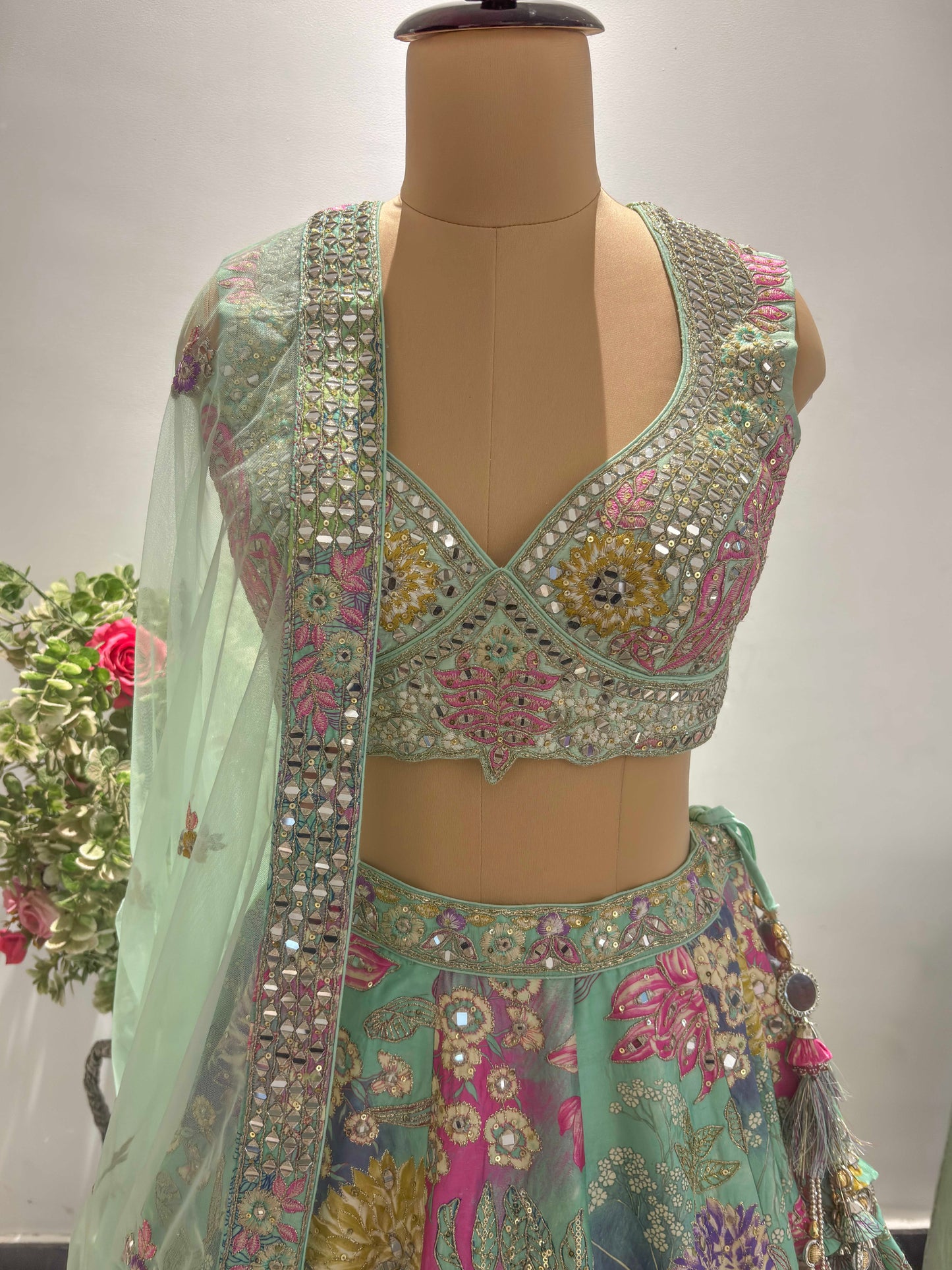 Carnival Green Colour Lehenga with Zari, Sequins & Miror Work