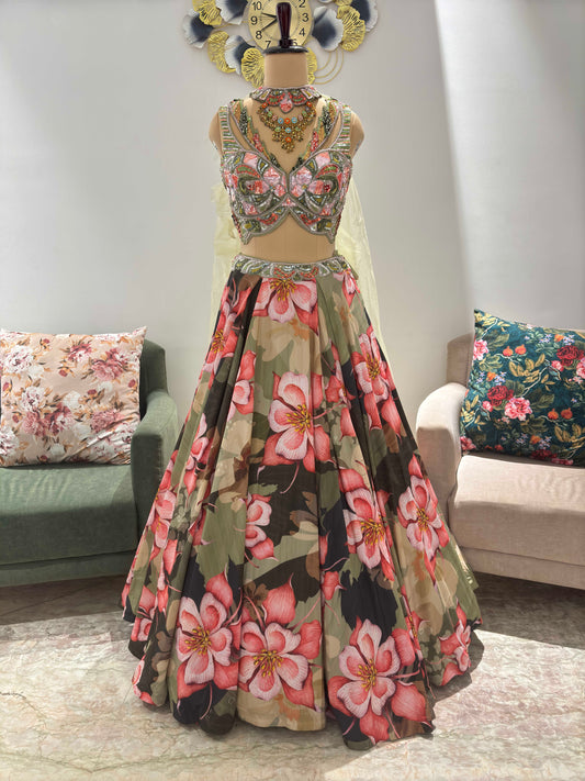 Floral Print Designer Lehenga with American Diamond Work Pink