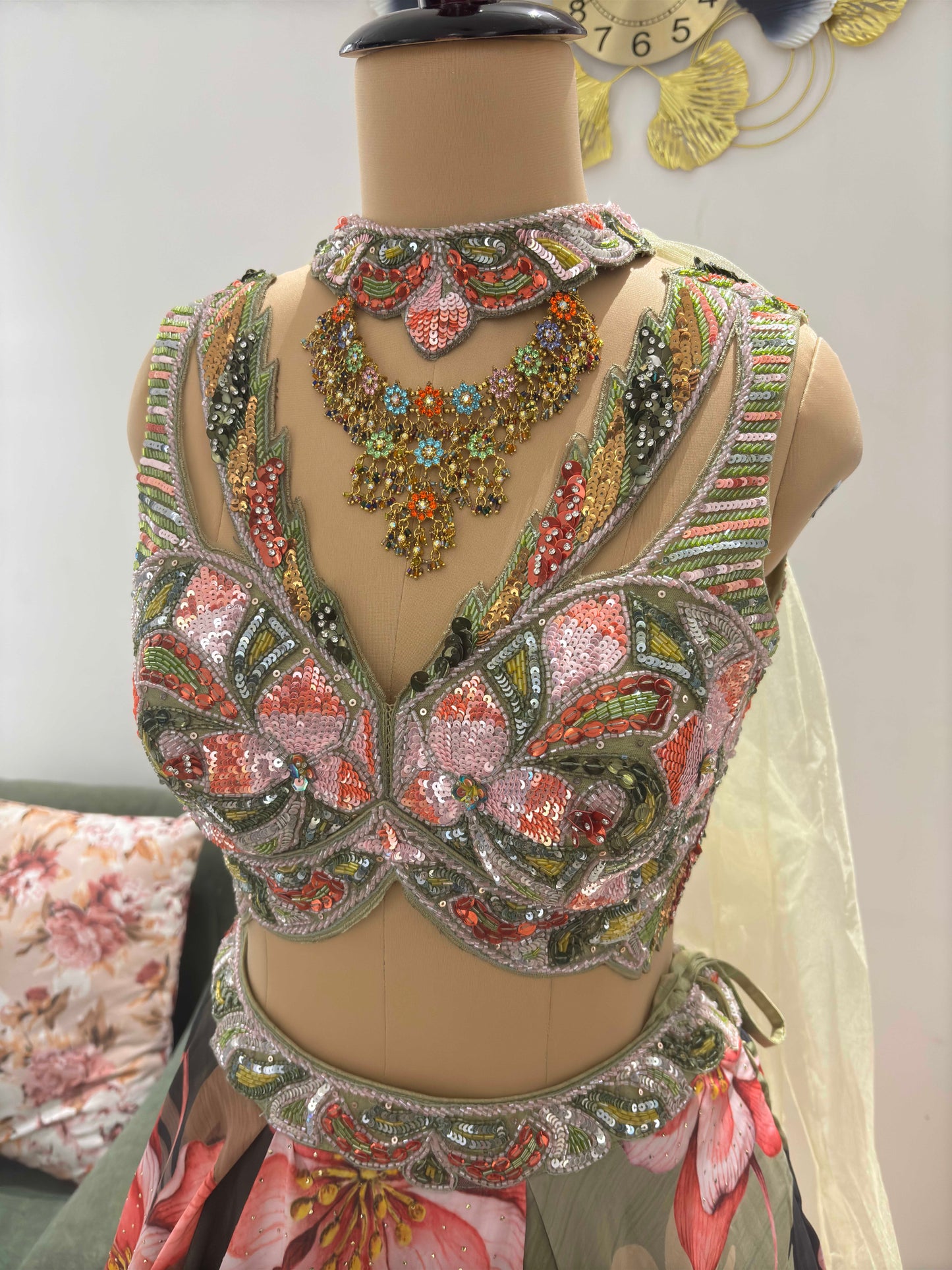 Floral Print Designer Lehenga with American Diamond Work Pink