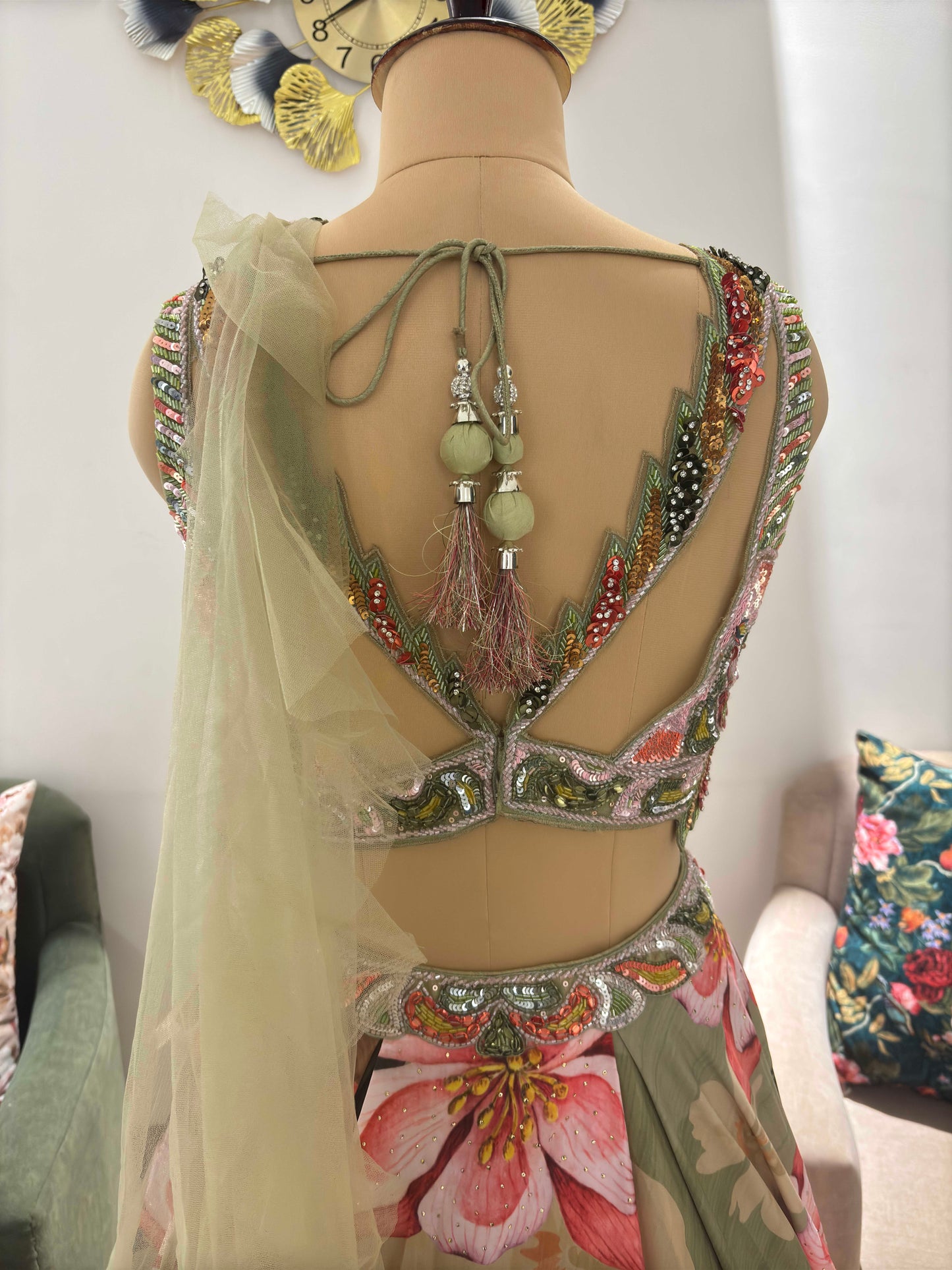 Floral Print Designer Lehenga with American Diamond Work Pink