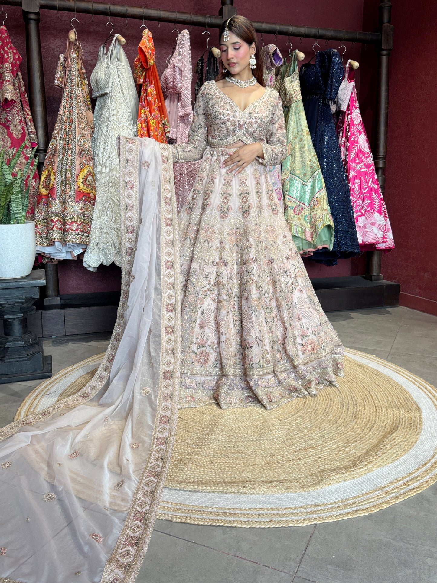 Heavy Embroidered Lehenga with Floral & Peacock Motifs