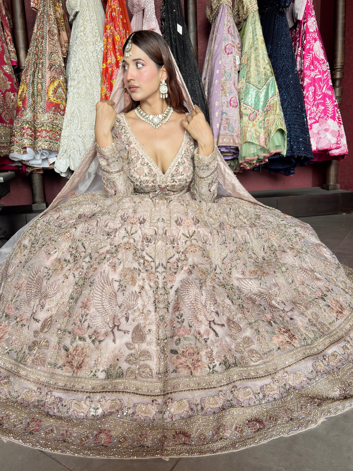 Heavy Embroidered Lehenga with Floral & Peacock Motifs