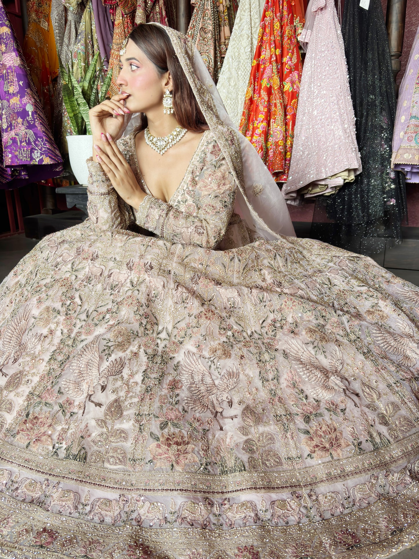 Heavy Embroidered Lehenga with Floral & Peacock Motifs