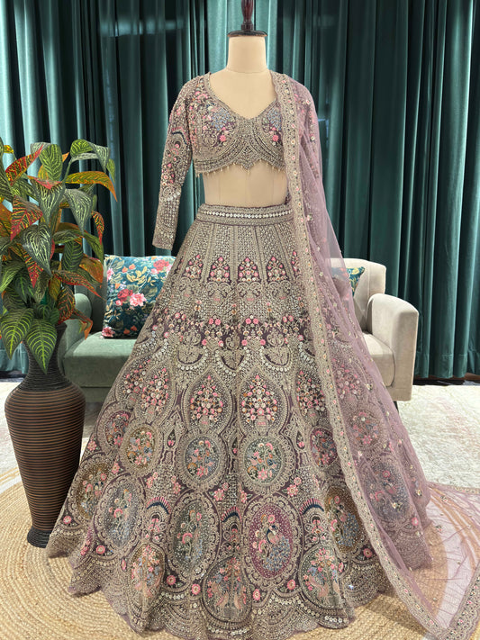 Regal Pink Embroidered Lehenga with Floral & Peacock Zari Work