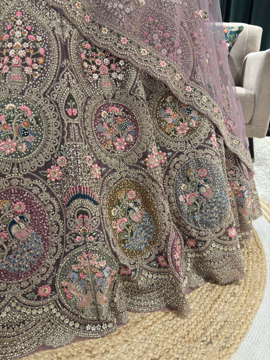 Regal Pink Embroidered Lehenga with Floral & Peacock Zari Work