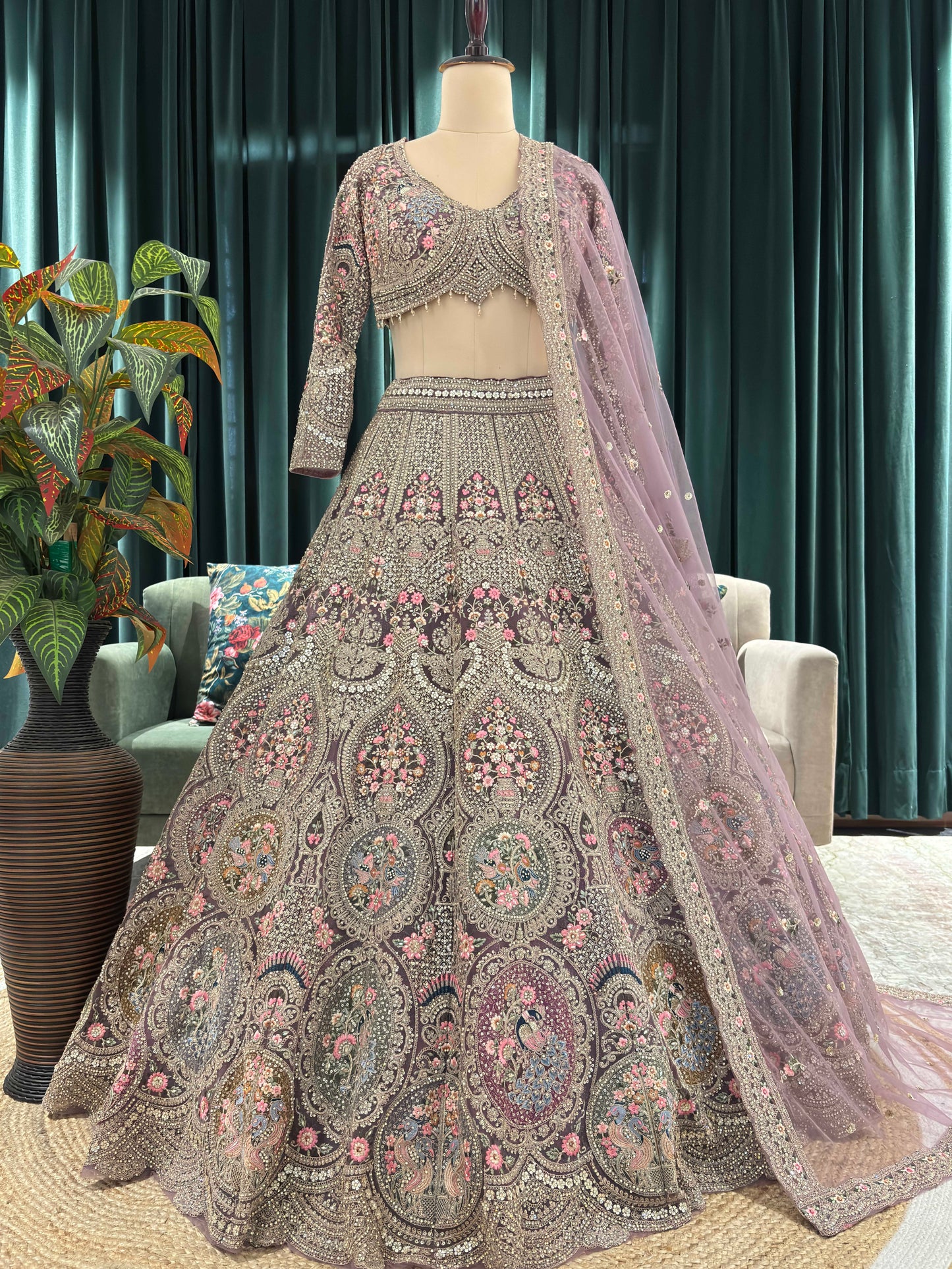 Regal Golden Embroidered Lehenga with Floral & Peacock Zari Work