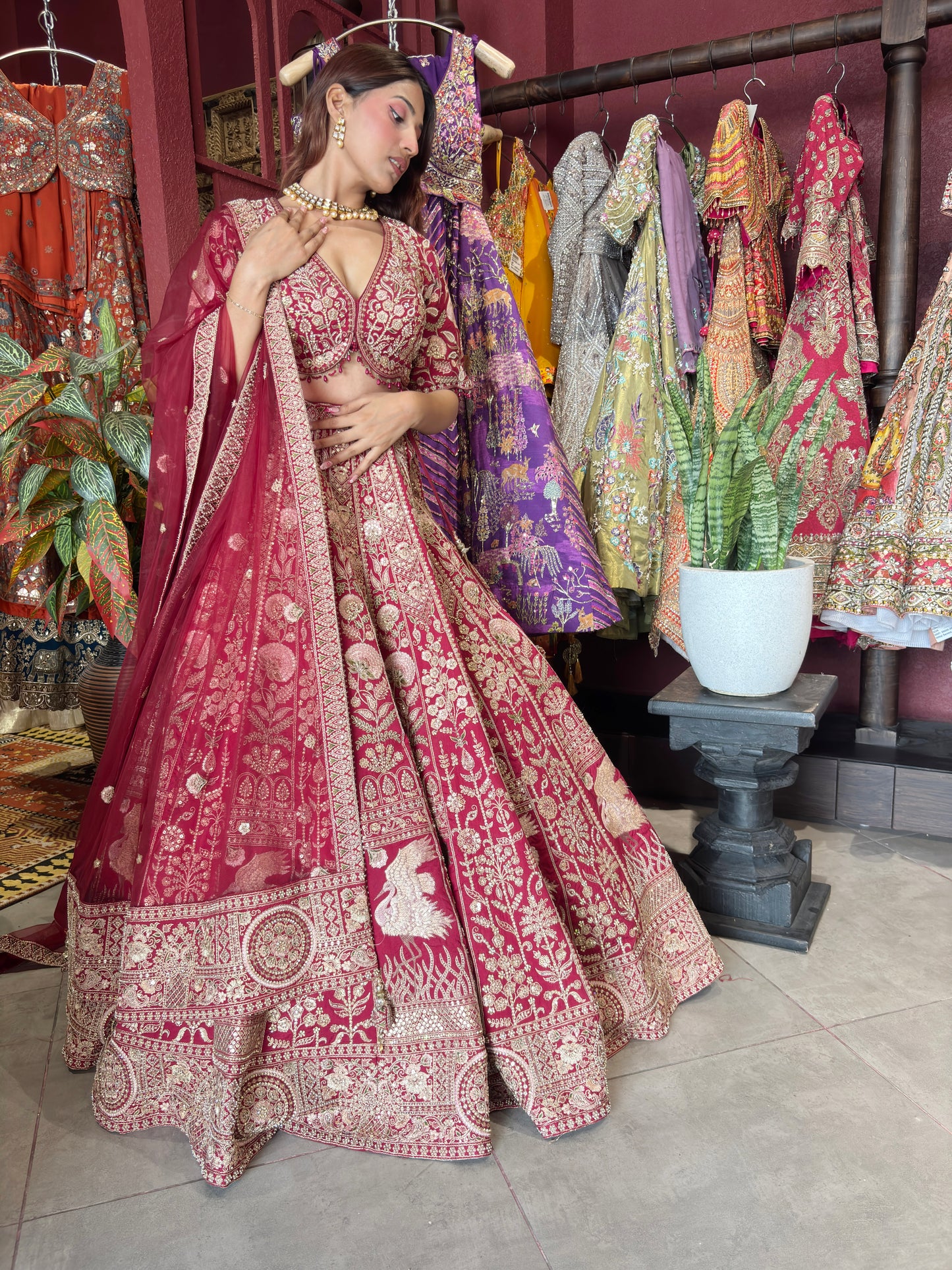 Wine Red Heavy Zari Embroidered Bridal Lehenga with Net Dupatta