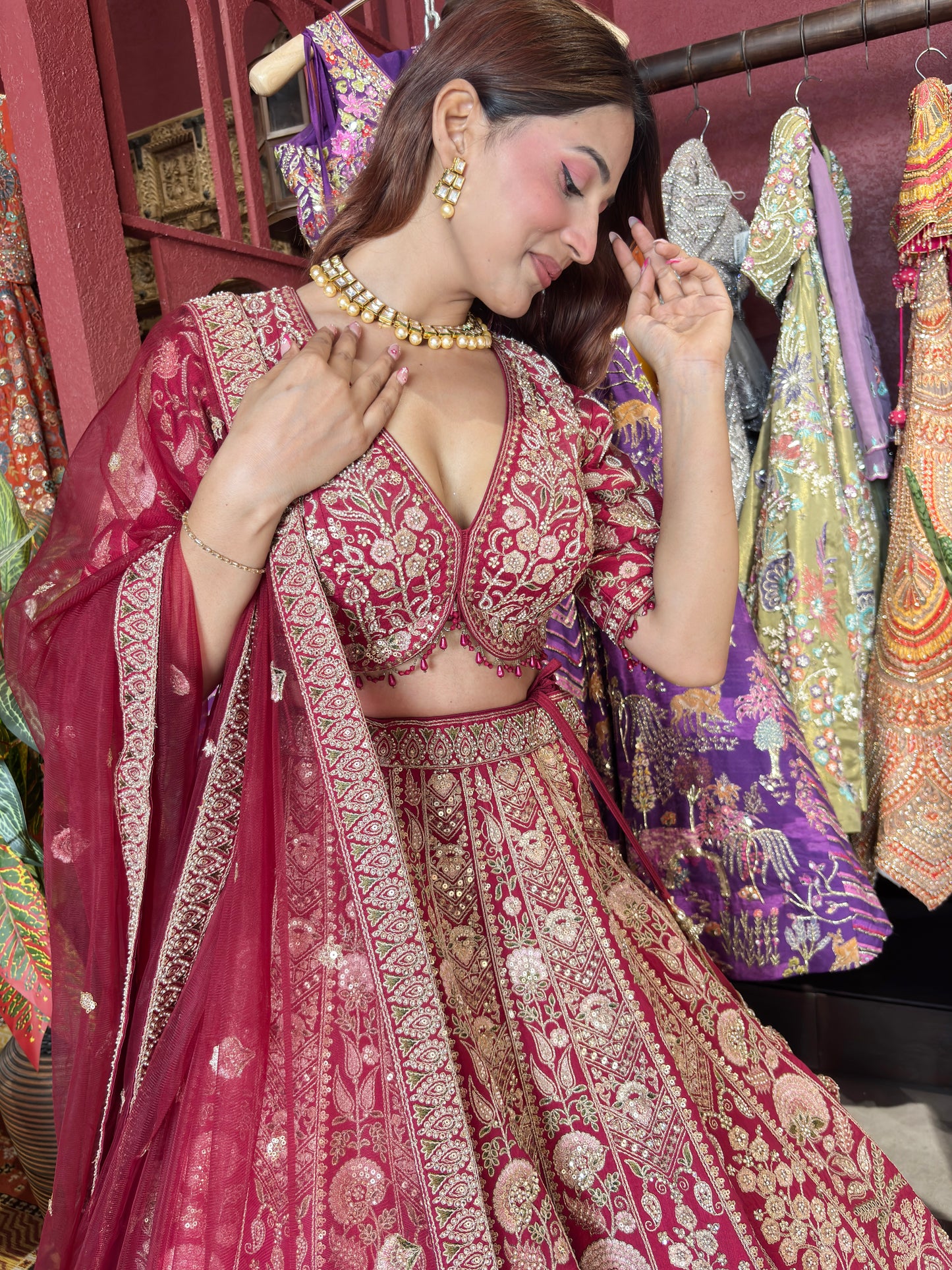 Wine Red Heavy Zari Embroidered Bridal Lehenga with Net Dupatta