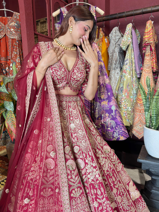 Wine Red Heavy Zari Embroidered Bridal Lehenga with Net Dupatta