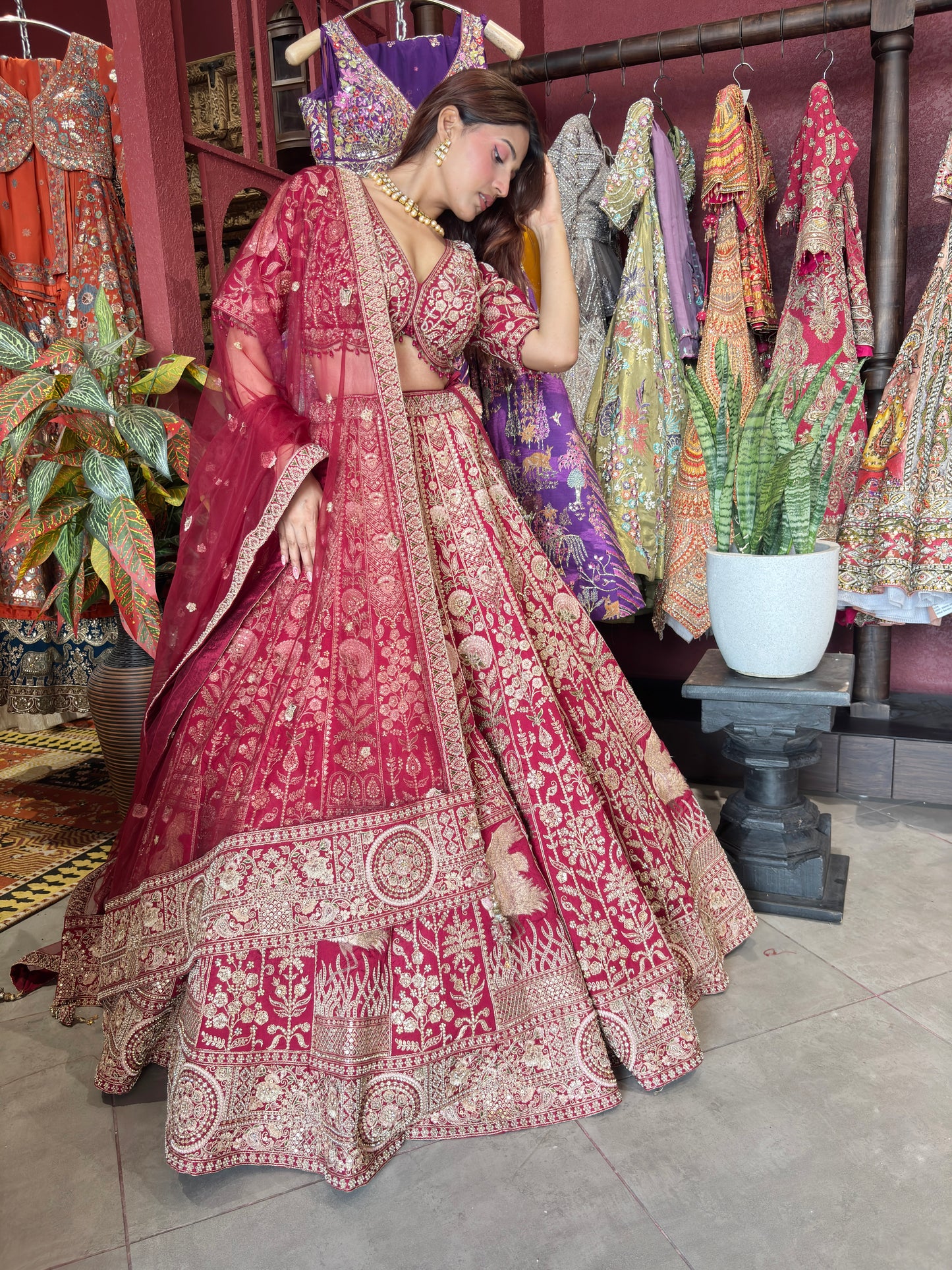 Wine Red Heavy Zari Embroidered Bridal Lehenga with Net Dupatta