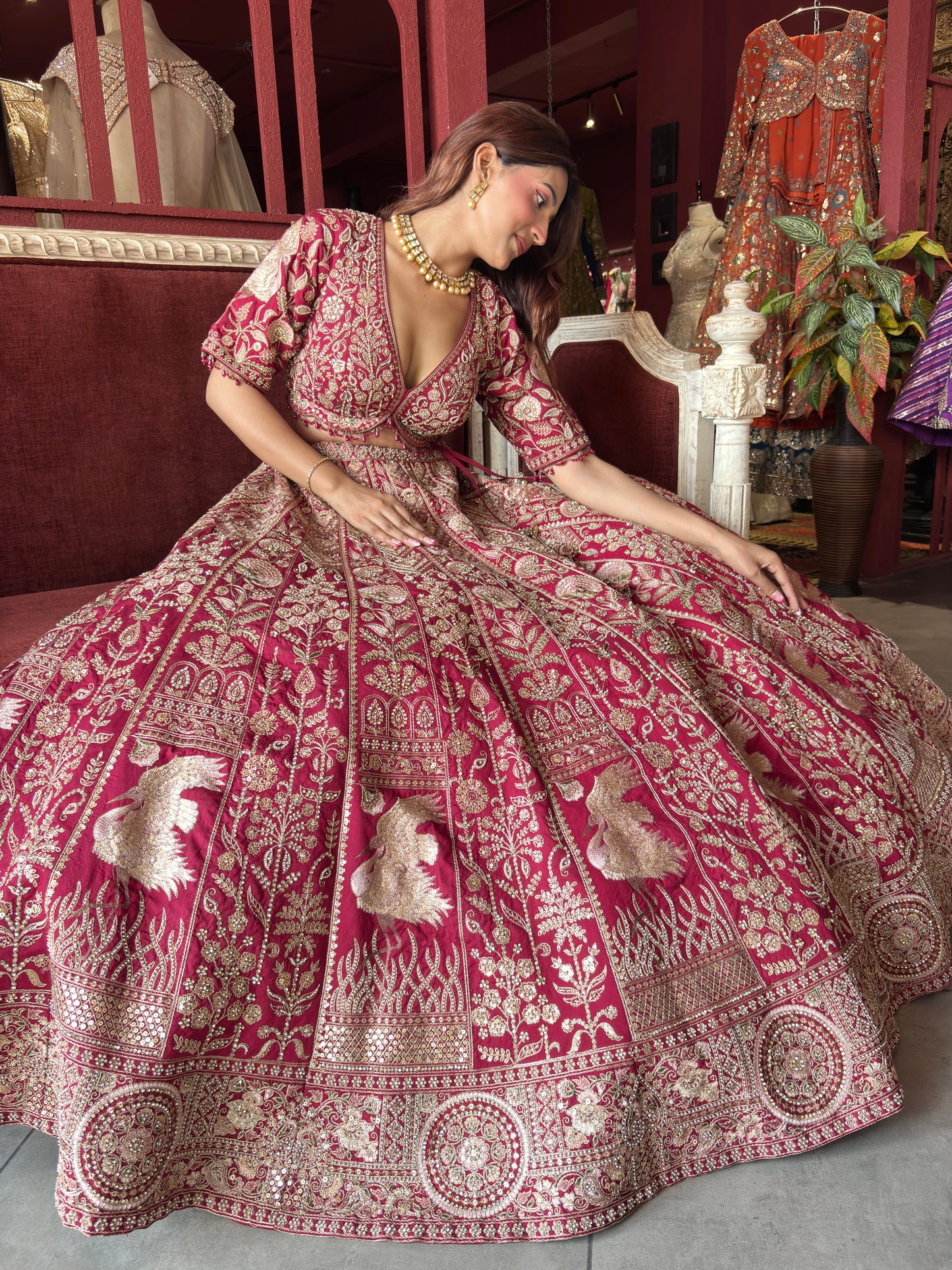 Wine Red Heavy Zari Embroidered Bridal Lehenga with Net Dupatta