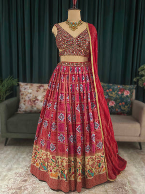 Floral Print Lehenga with Miror & Multi Resham Work Blouse