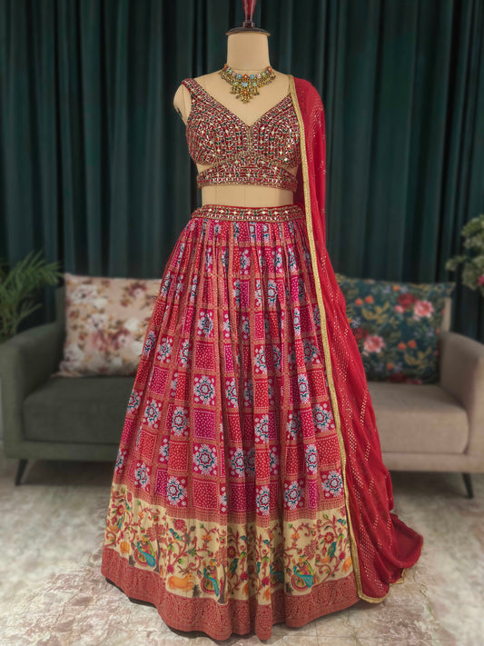 Floral Print Lehenga with Miror & Multi Resham Work Blouse