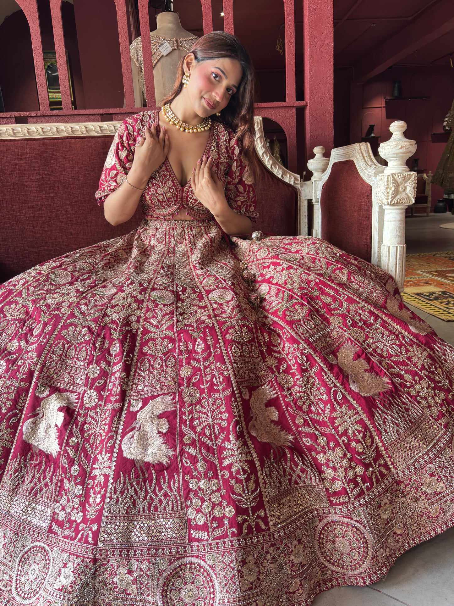 Wine Red Heavy Zari Embroidered Bridal Lehenga with Net Dupatta