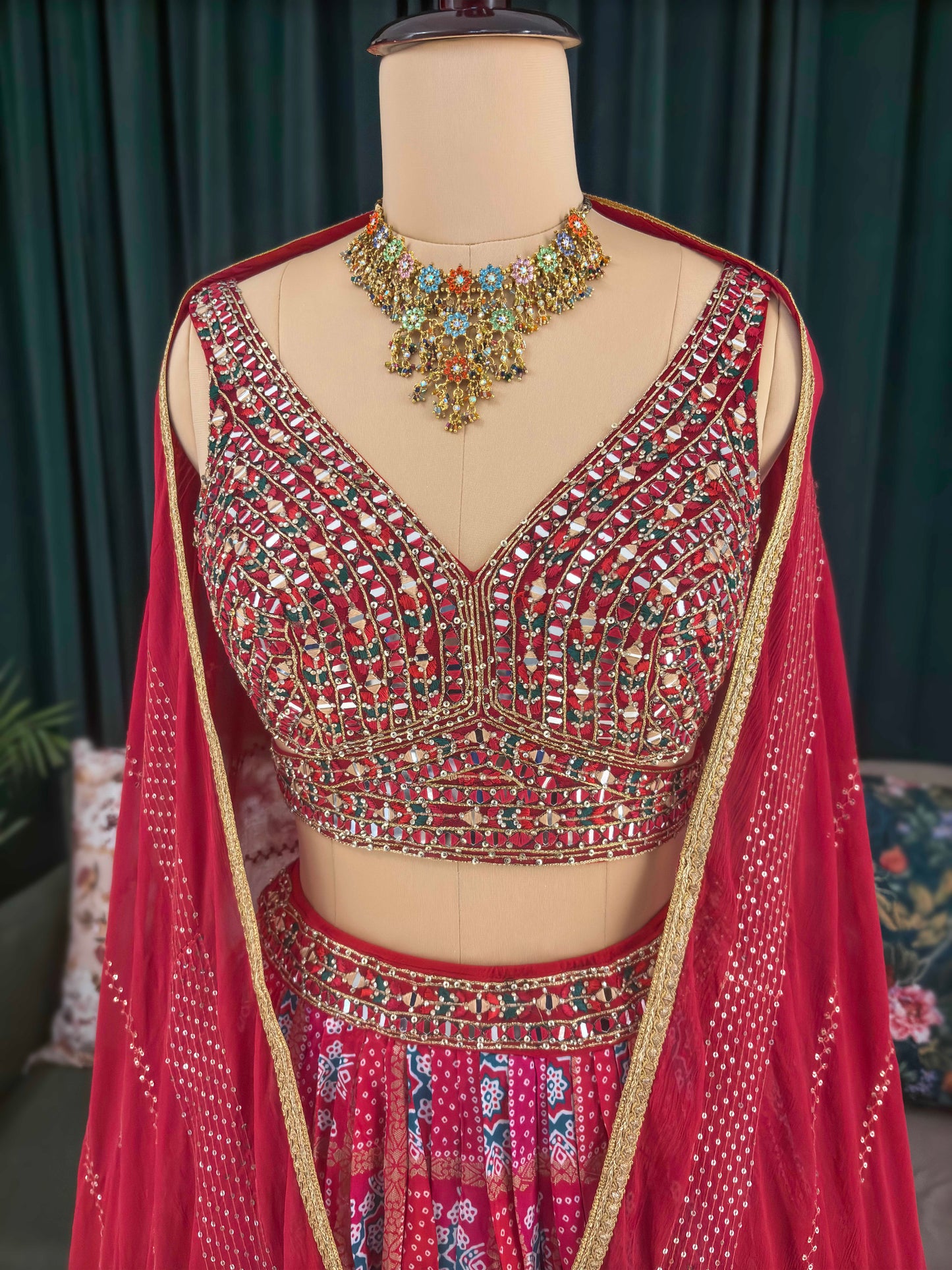 Floral Print Lehenga with Miror & Multi Resham Work Blouse