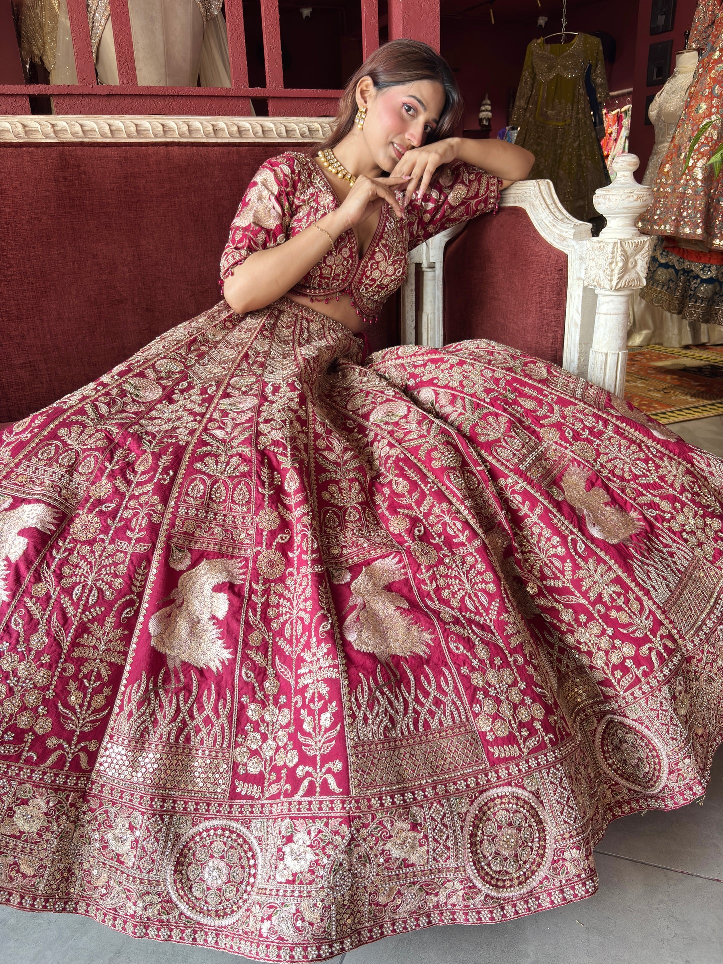 Wine Red Heavy Zari Embroidered Bridal Lehenga with Net Dupatta