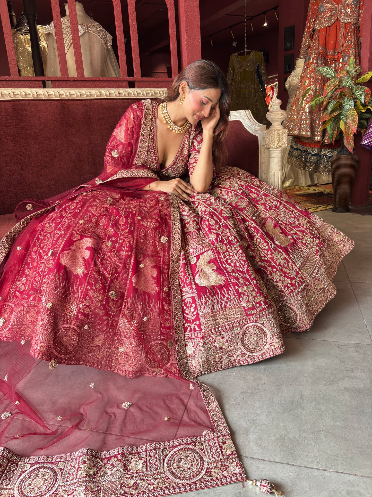 Wine Red Heavy Zari Embroidered Bridal Lehenga with Net Dupatta