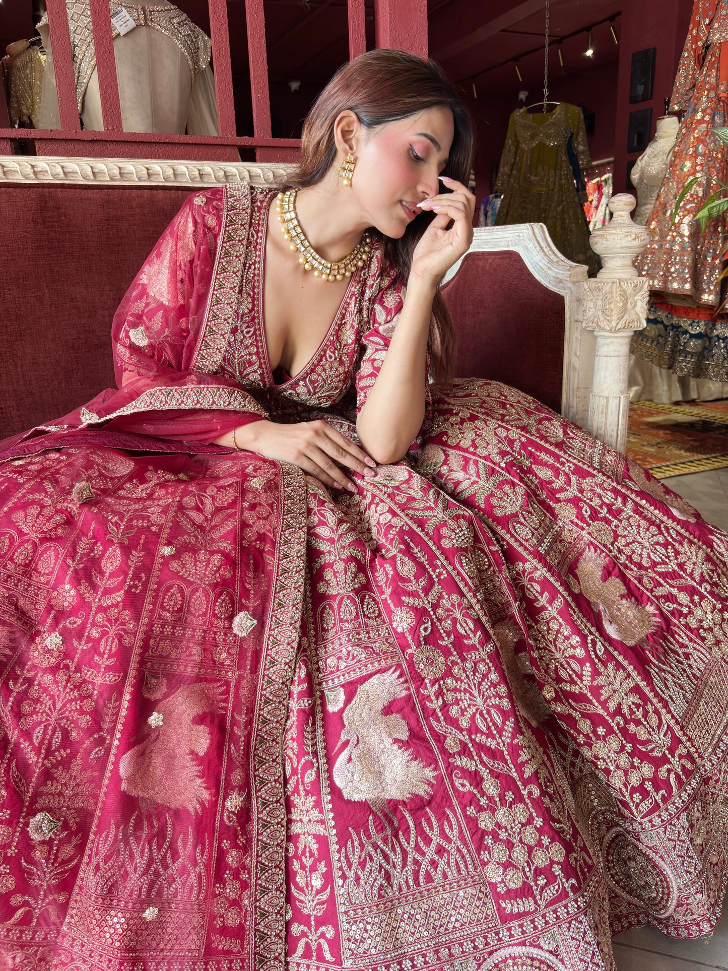 Wine Red Heavy Zari Embroidered Bridal Lehenga with Net Dupatta
