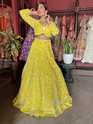 Yellow Heavy Embroidered Lehenga with Full-Sleeve Blouse