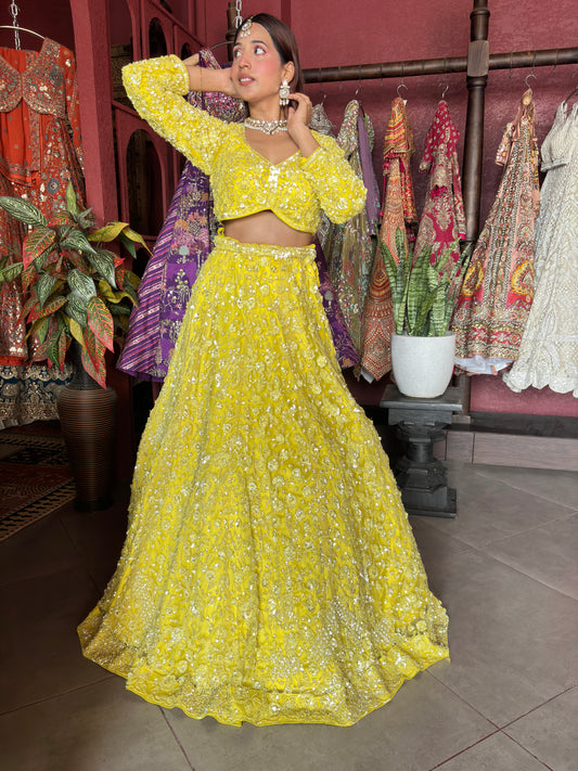 Yellow Heavy Embroidered Lehenga with Full-Sleeve Blouse