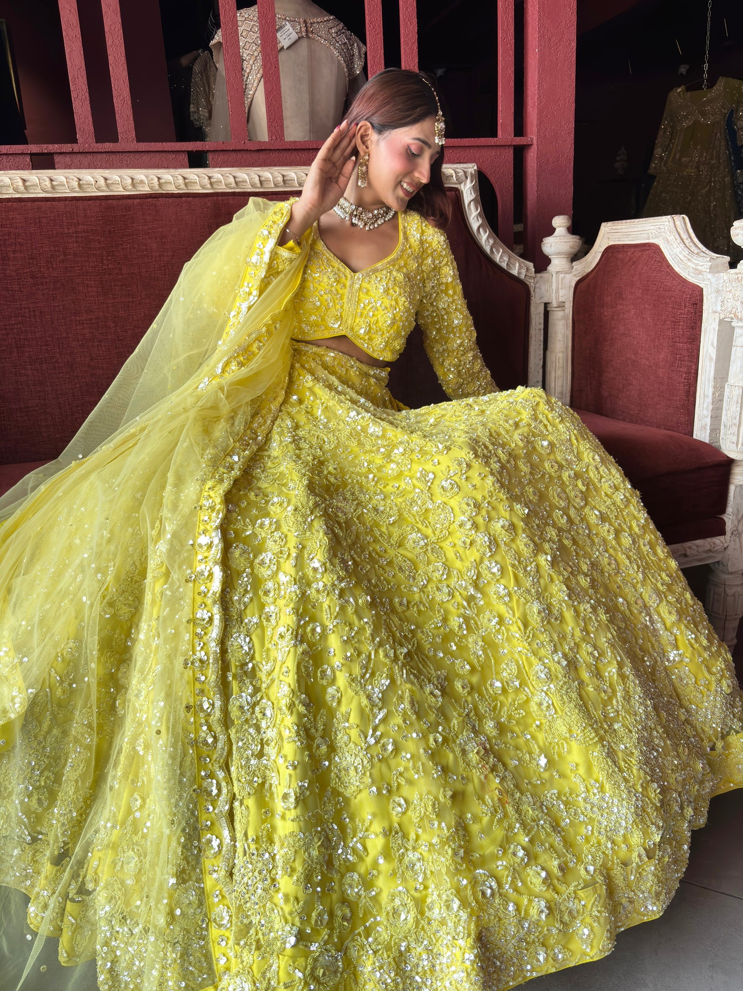Yellow Heavy Embroidered Lehenga with Full-Sleeve Blouse