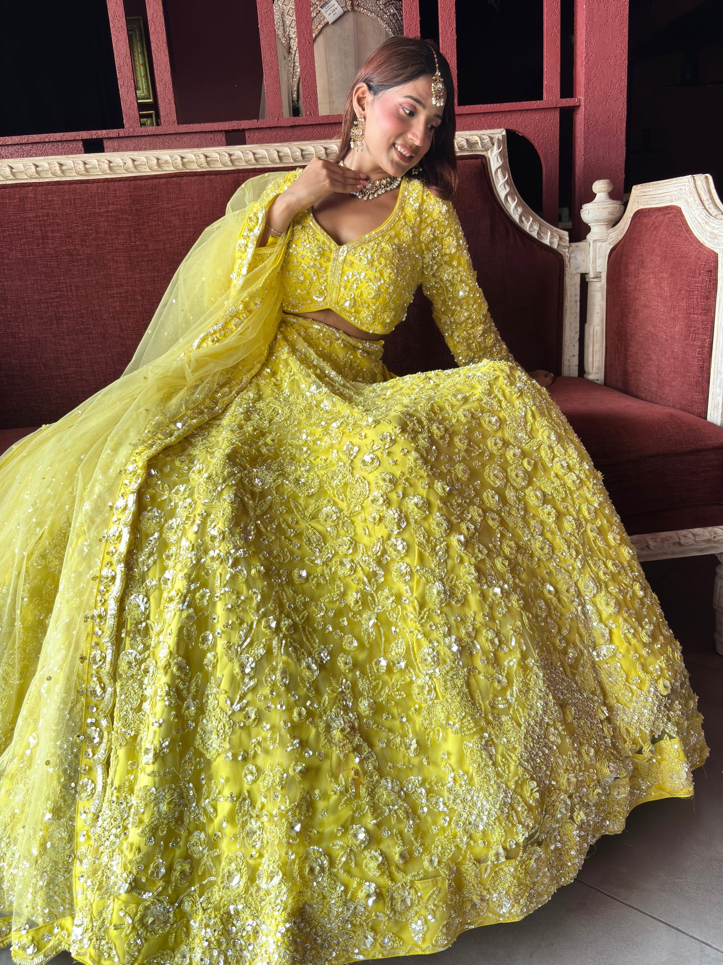 Yellow Heavy Embroidered Lehenga with Full-Sleeve Blouse
