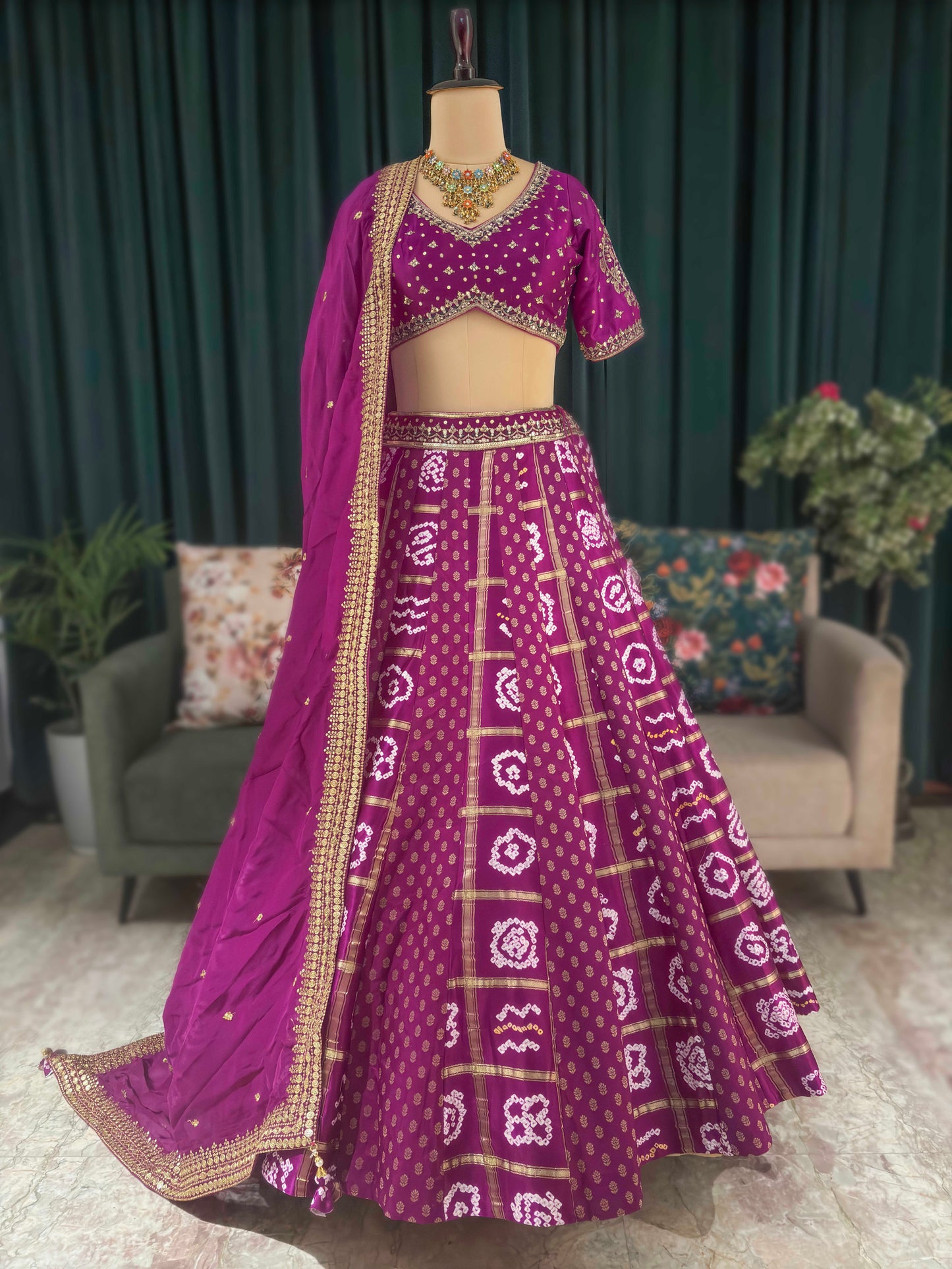 Purple Bandhani Print Embroidered Festive Lehenga Set