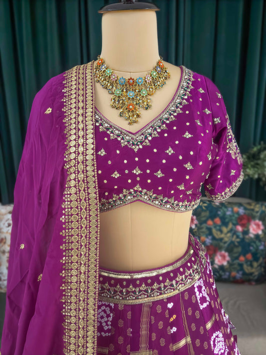 Purple Bandhani Print Embroidered Festive Lehenga Set